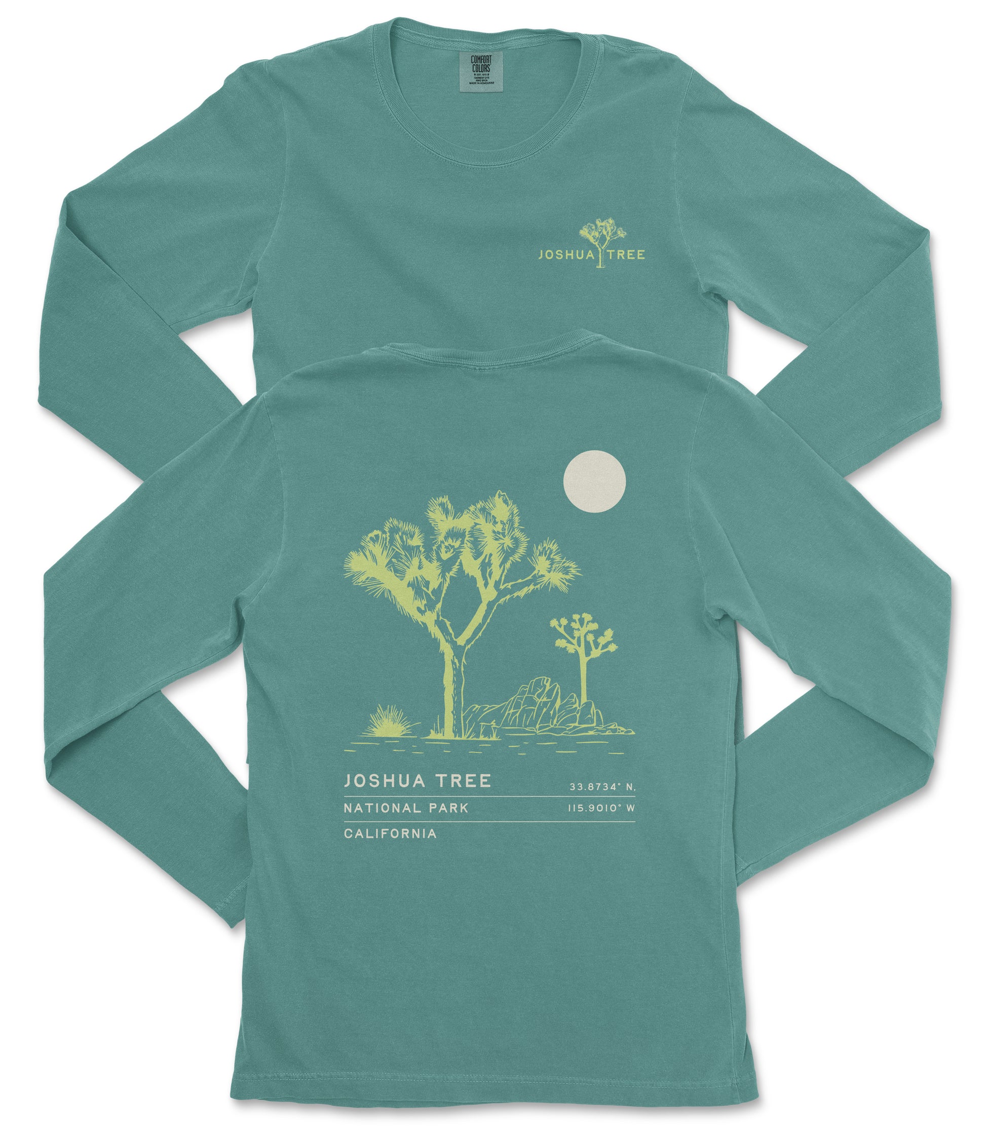a teal long-sleeve t-shirt with a graphic design depicting a tree and a moon on the back.