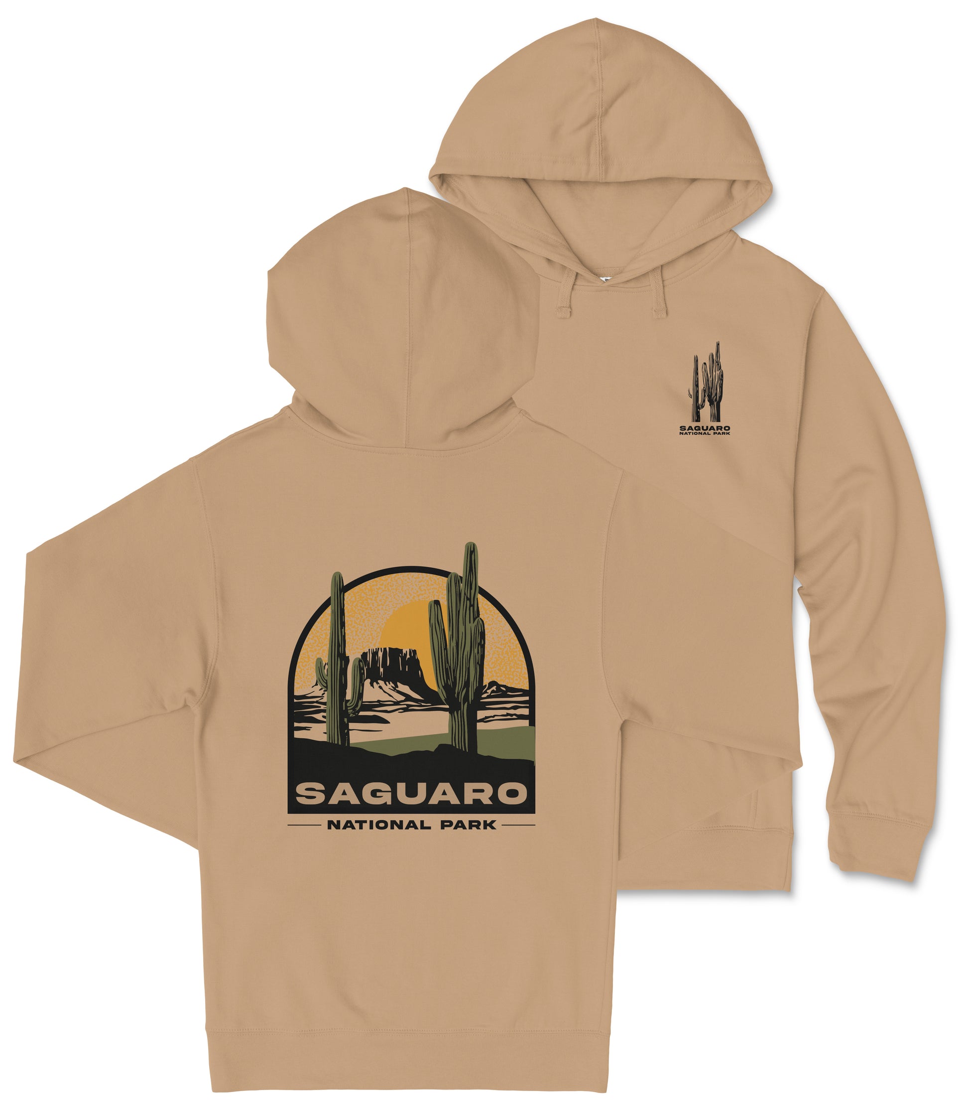 A beige hooded sweatshirt with a graphic design featuring a desert landscape with cacti and mountains, along with the text "Saguaro National Park".