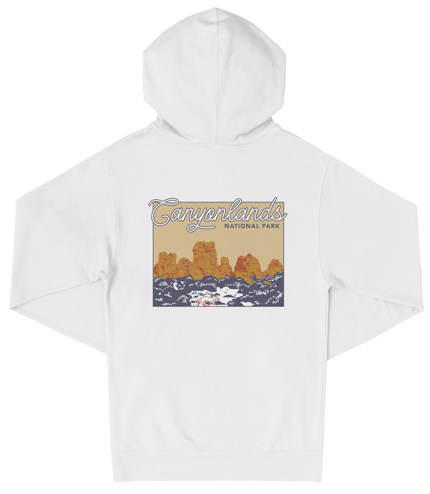 A white hooded sweatshirt with a graphic design depicting a scenic landscape with mountains and water.