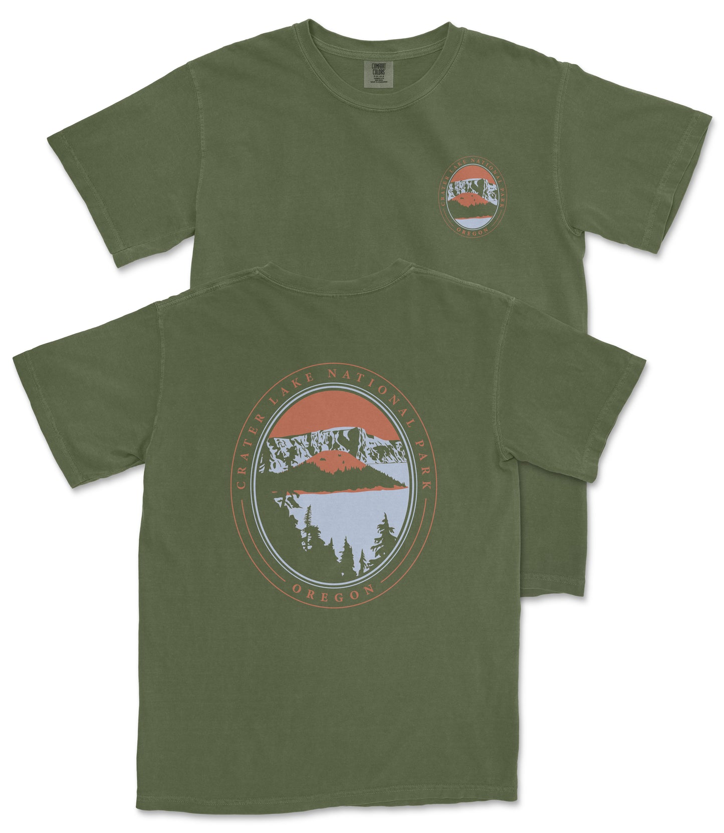 A green t-shirt with a graphic design featuring a mountain landscape and the text "Crater Lake National Park, Oregon" printed on it.