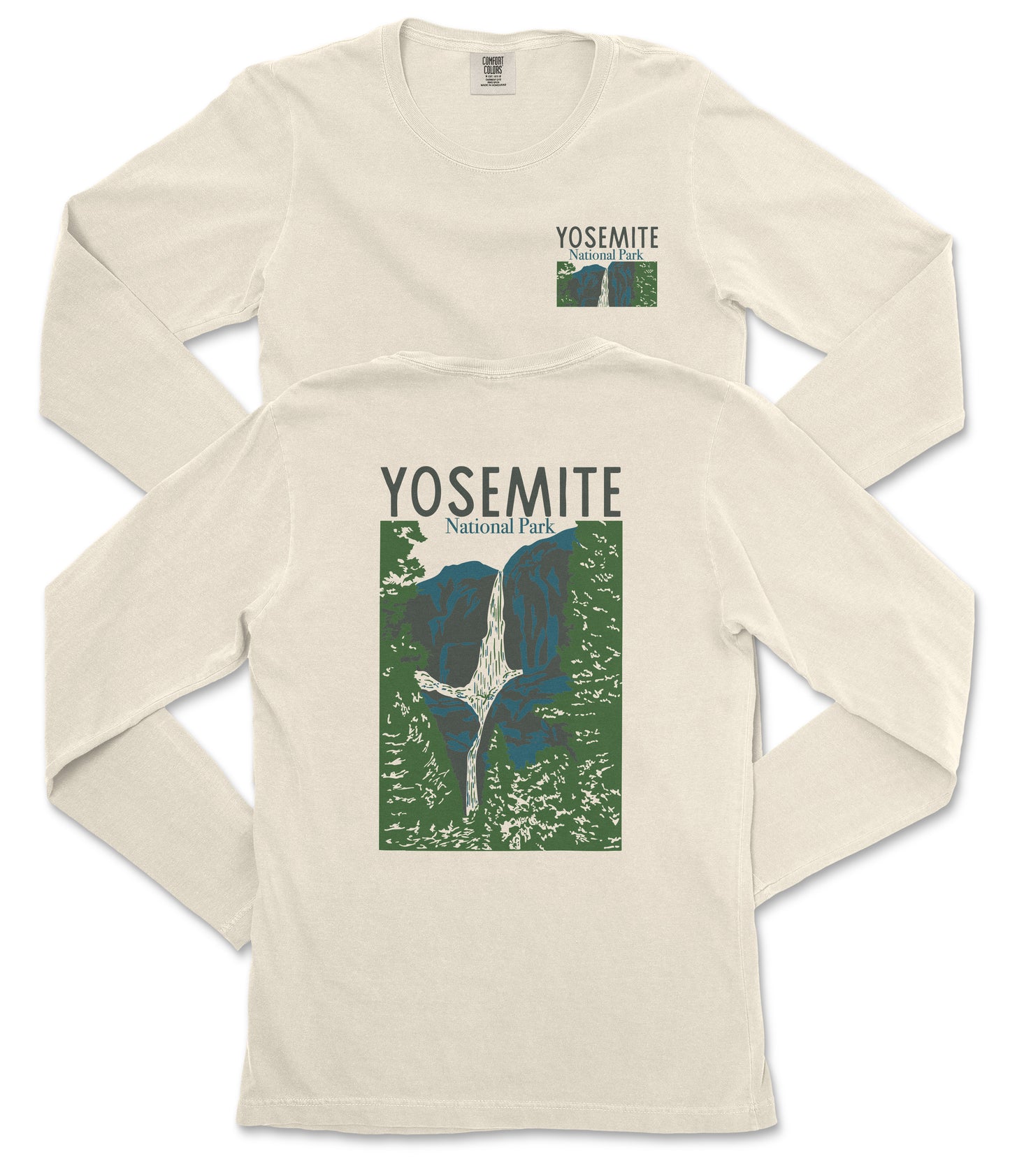 A white long-sleeved t-shirt with a graphic design depicting a waterfall and mountains, along with the text "Yosemite National Park" printed on it.