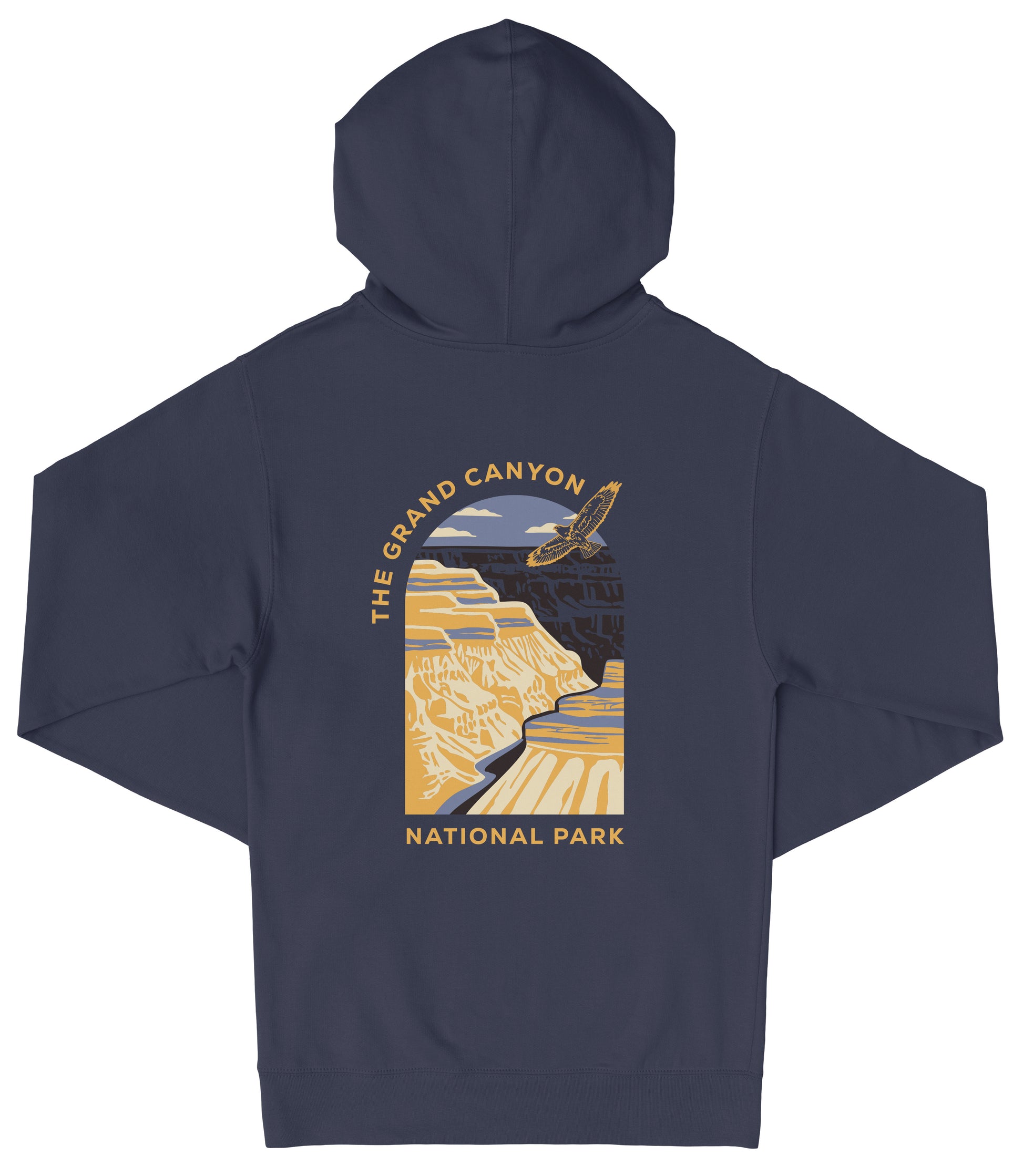 A navy blue hooded sweatshirt with a graphic design depicting the Grand Canyon and the text "The Grand Canyon National Park" printed on it.
