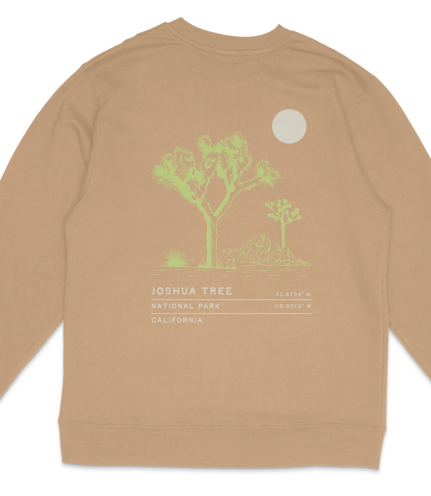 a tan sweatshirt with a graphic design depicting a Joshua tree and a moon.