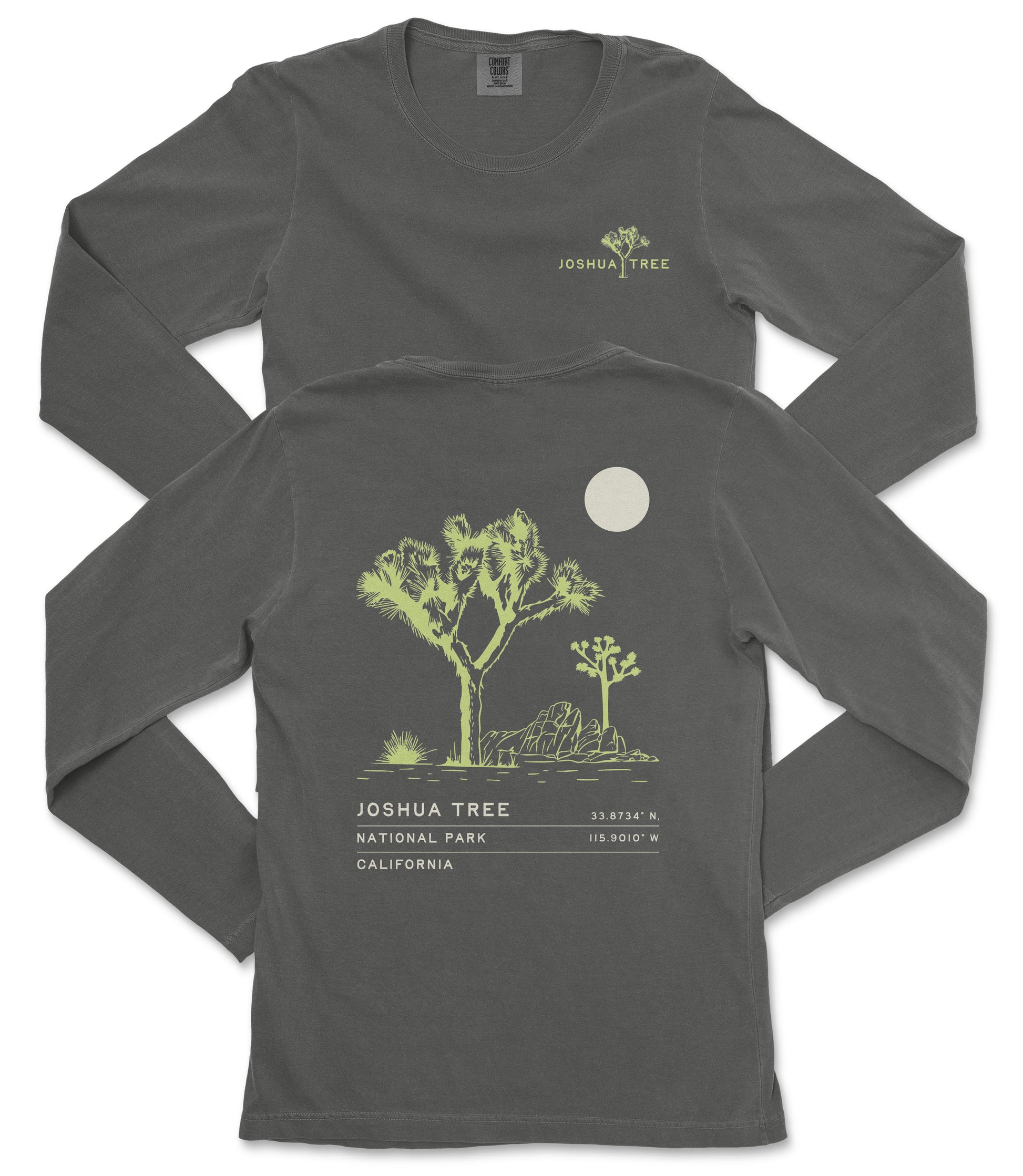 a gray long-sleeved t-shirt with a graphic design depicting a tree and a moon on the back.