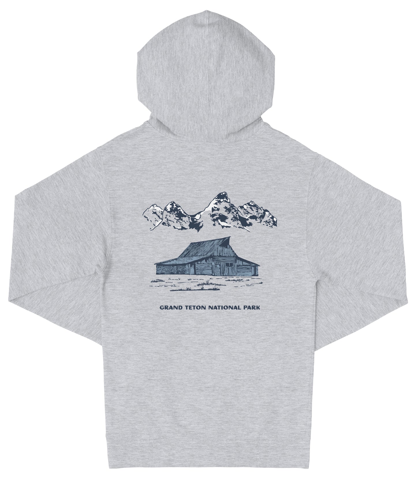 A gray hooded sweatshirt with a graphic design depicting a cabin and mountains in the background, along with the text "Grand Teton National Park".