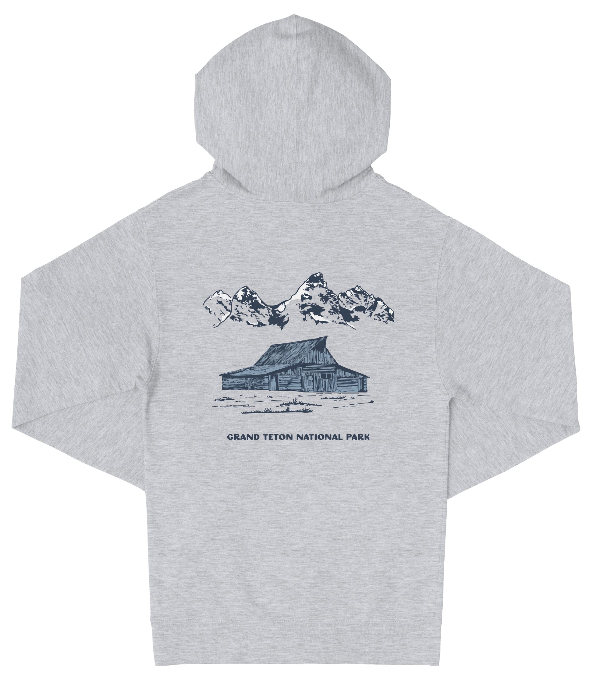 A gray hooded sweatshirt with a graphic design depicting a cabin and mountains in the background, along with the text "Grand Teton National Park".