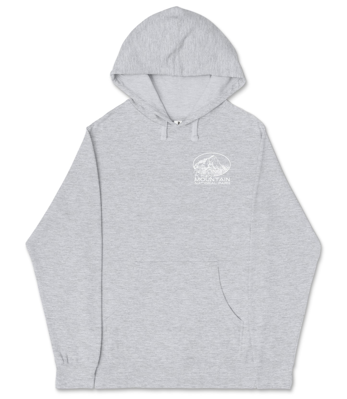 A gray hooded sweatshirt with a mountain graphic on the front.