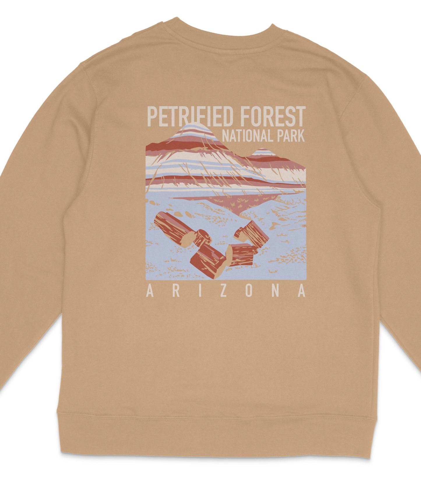 a beige sweatshirt with a graphic design depicting a desert landscape with mountains and a river.