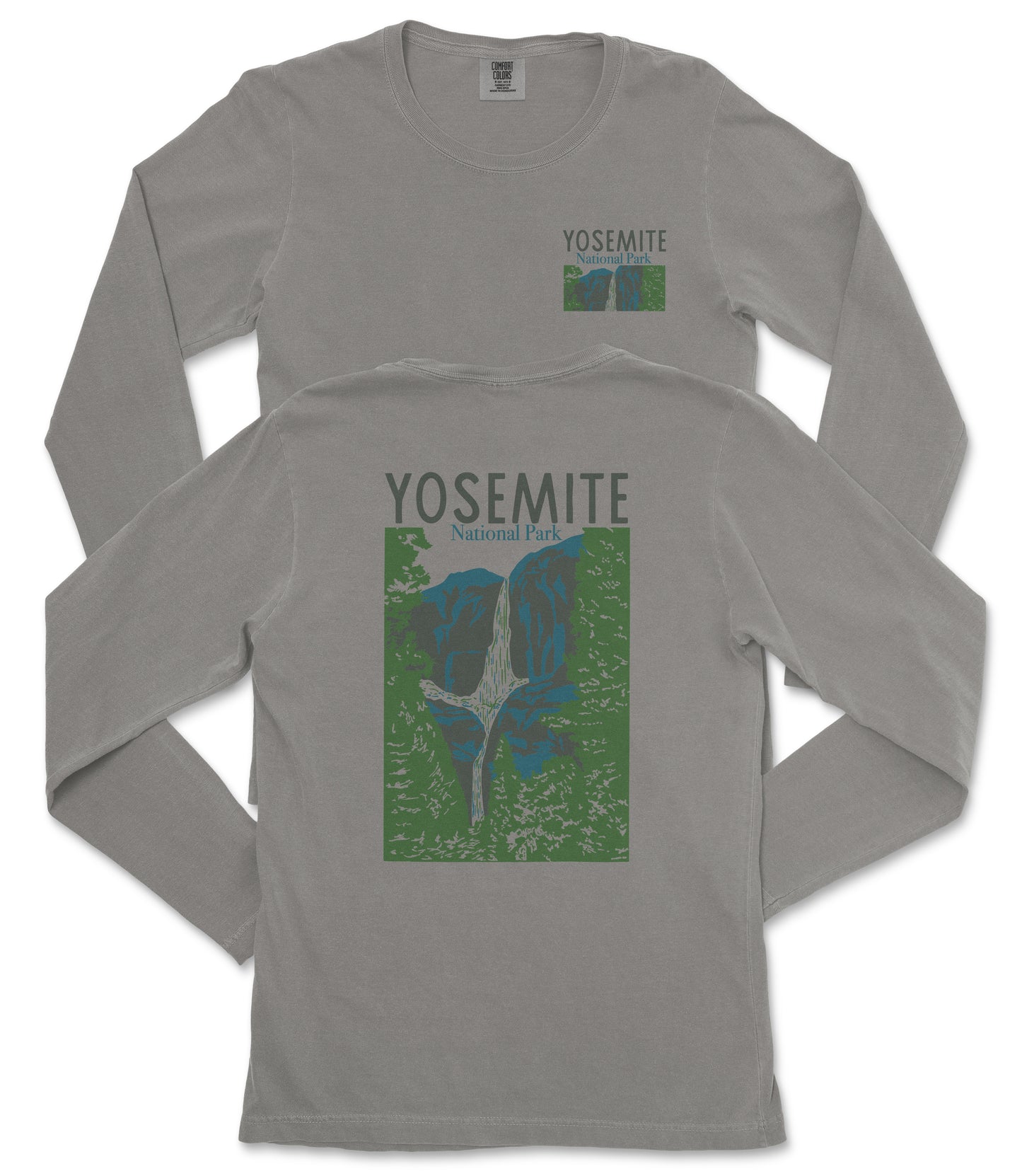 a gray long-sleeved t-shirt with a graphic design depicting a mountain range and the text "Yosemite National Park" printed on it.