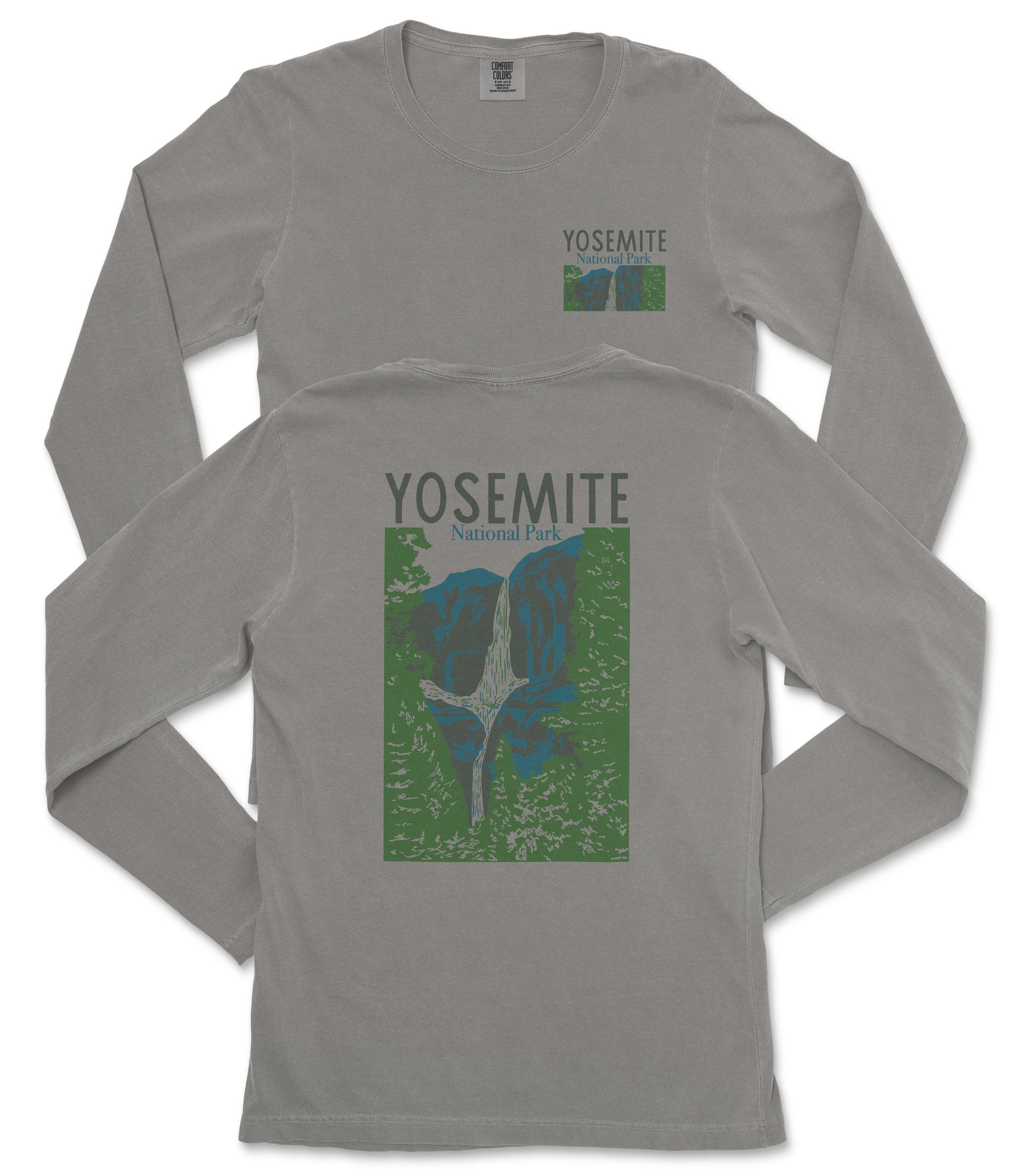 a gray long-sleeved t-shirt with a graphic design depicting a mountain range and the text "Yosemite National Park" printed on it.