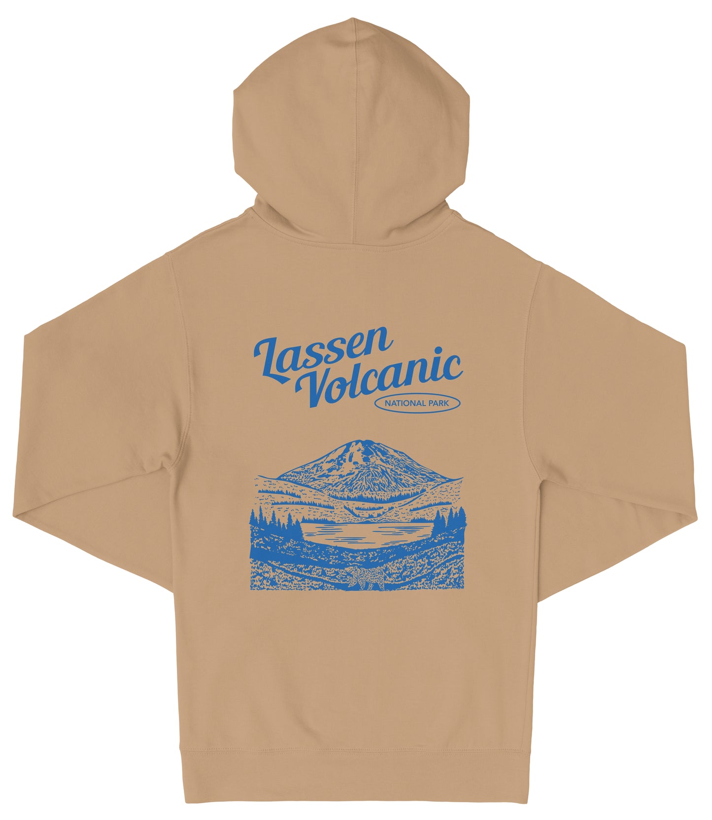 A beige hooded sweatshirt with a graphic design depicting a mountain landscape and the text "Lassen Volcanic National Park" printed on the back.