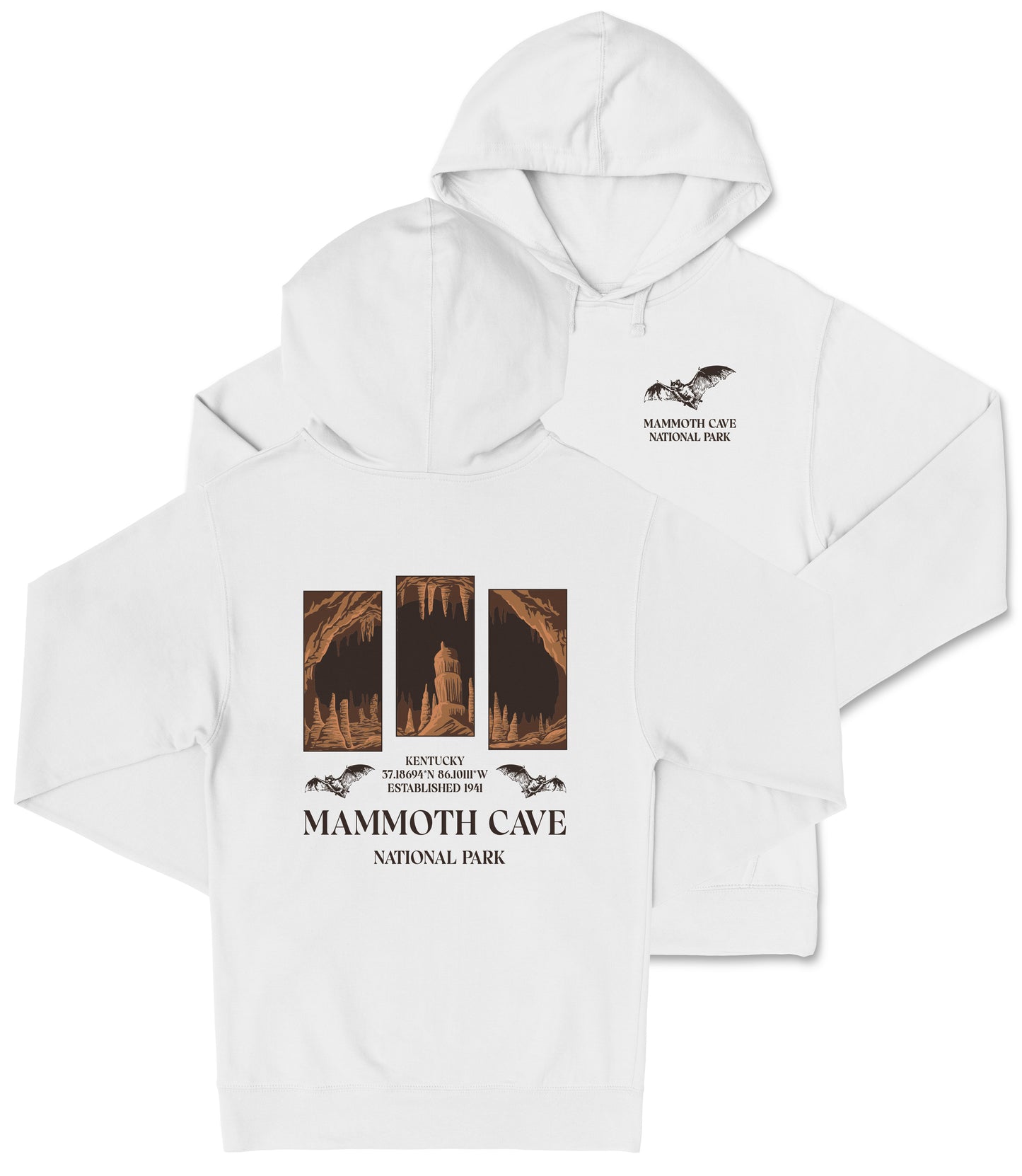 A white hoodie with a graphic design featuring a cave and the text "MAMMOTH CAVE NATIONAL PARK" printed on it.
