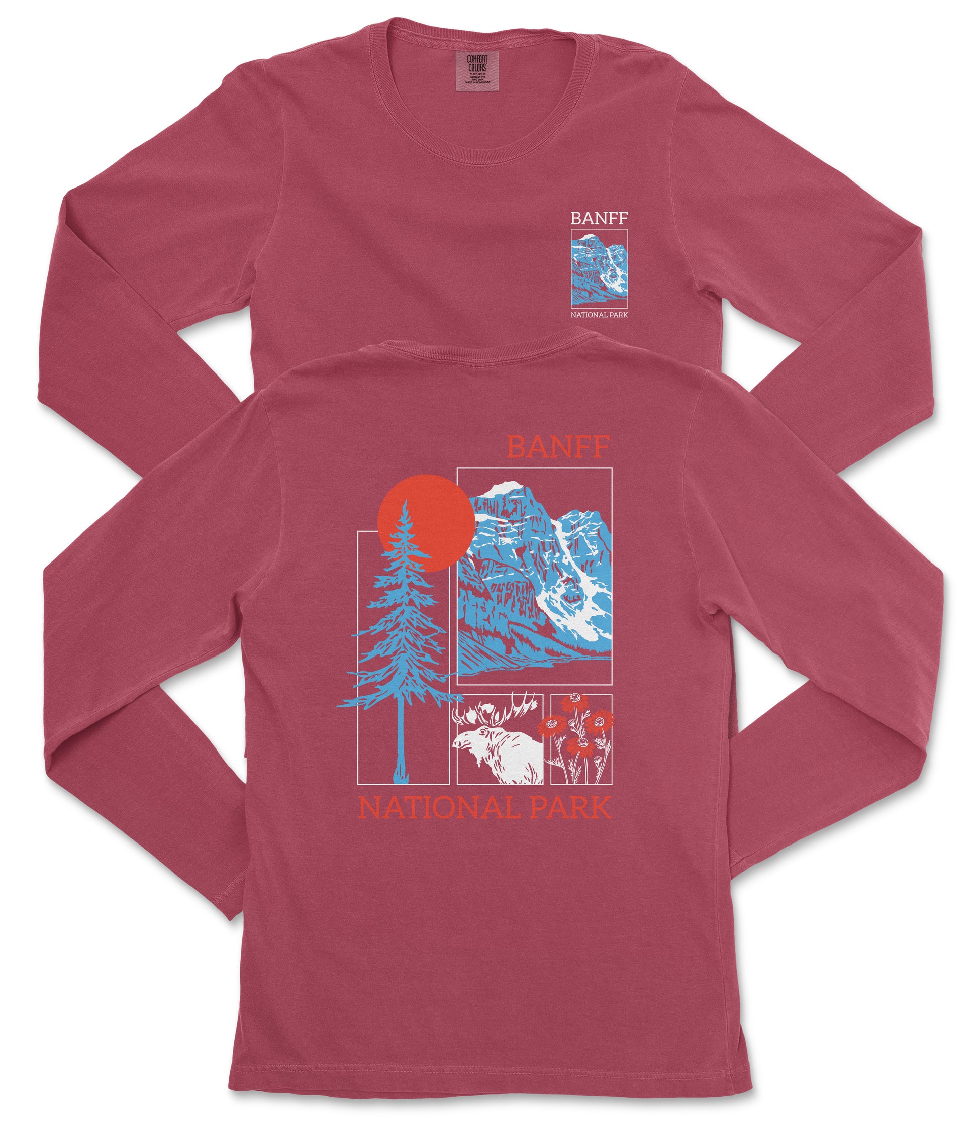 a red long-sleeved t-shirt with a graphic design depicting a mountain landscape, including a sun, pine trees, and a moose.