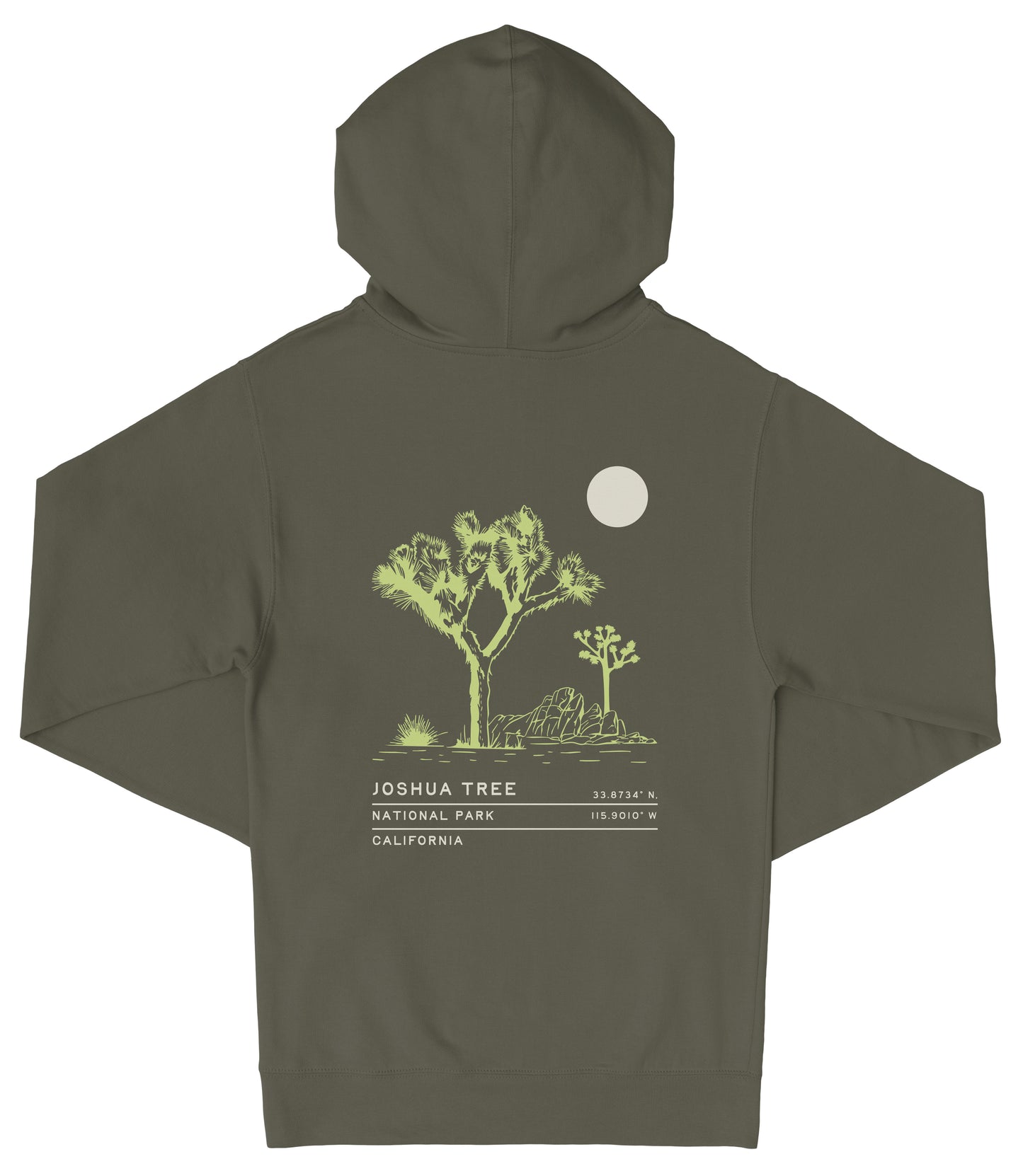 A dark green hoodie with a graphic design depicting a desert landscape, including a Joshua tree and a crescent moon.