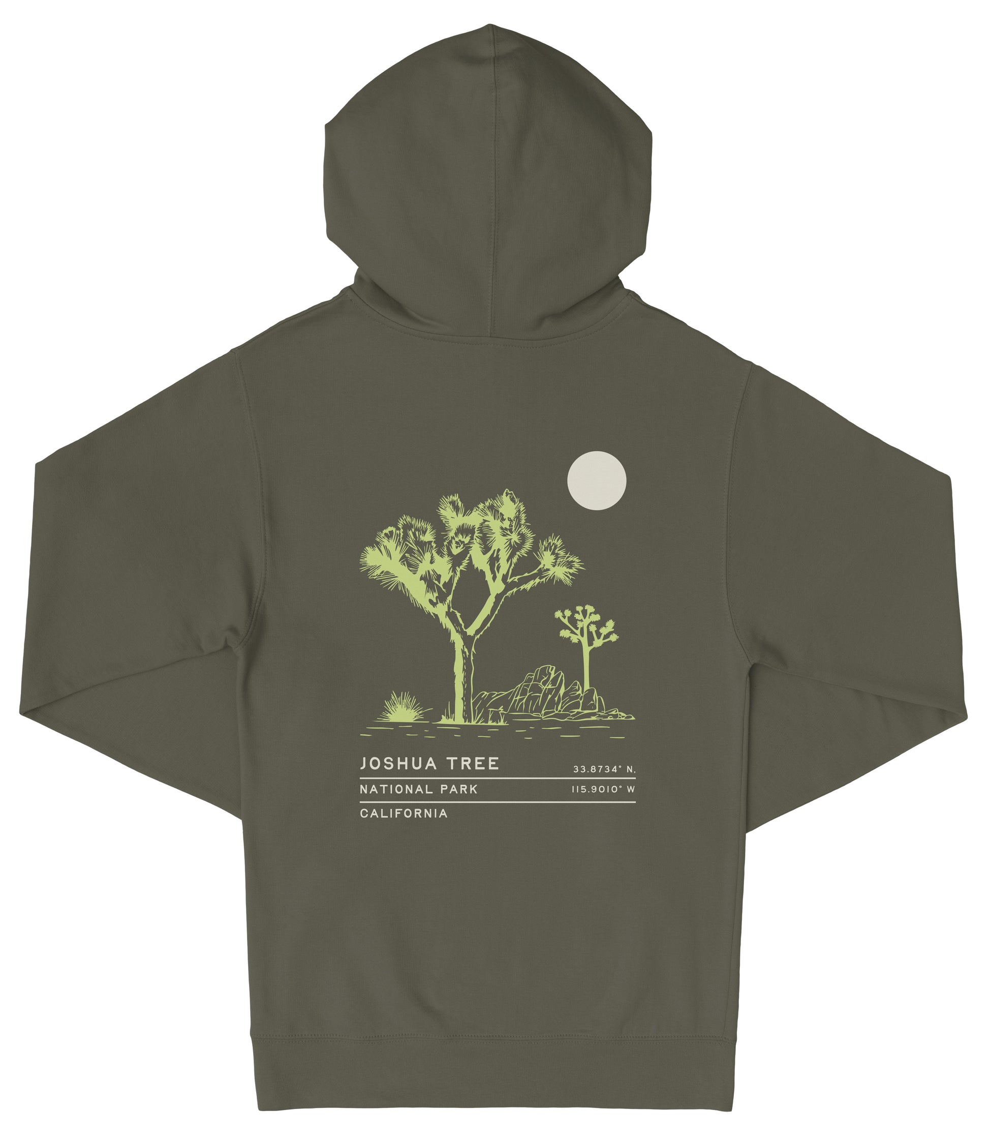 A dark green hoodie with a graphic design depicting a desert landscape, including a Joshua tree and a crescent moon.