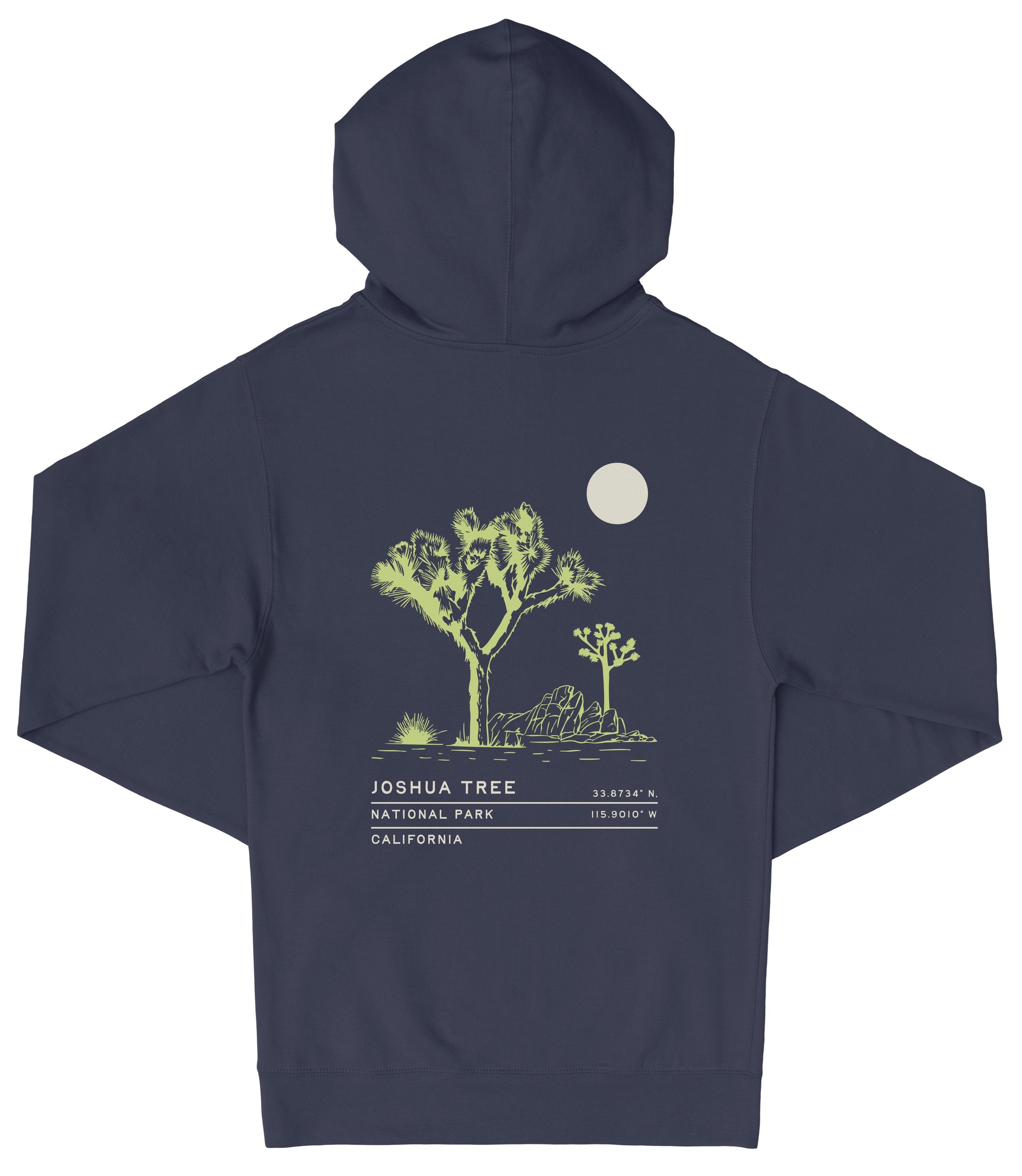 A navy blue hooded sweatshirt with a graphic design depicting a desert landscape with a tree and a moon.