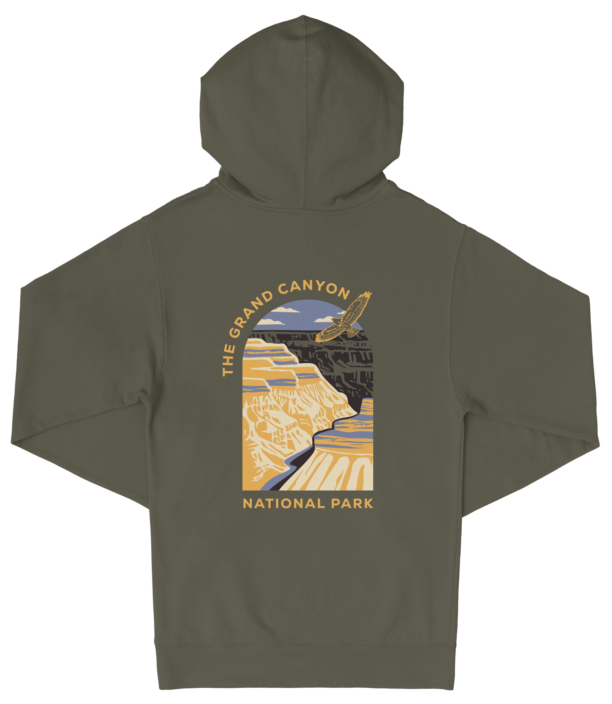 A hooded sweatshirt with a graphic design depicting the Grand Canyon and the text "The Grand Canyon National Park" printed on it.