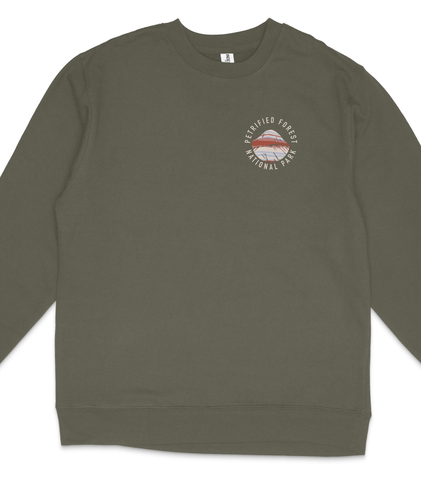 A dark green long-sleeved shirt with a round logo on the left side.