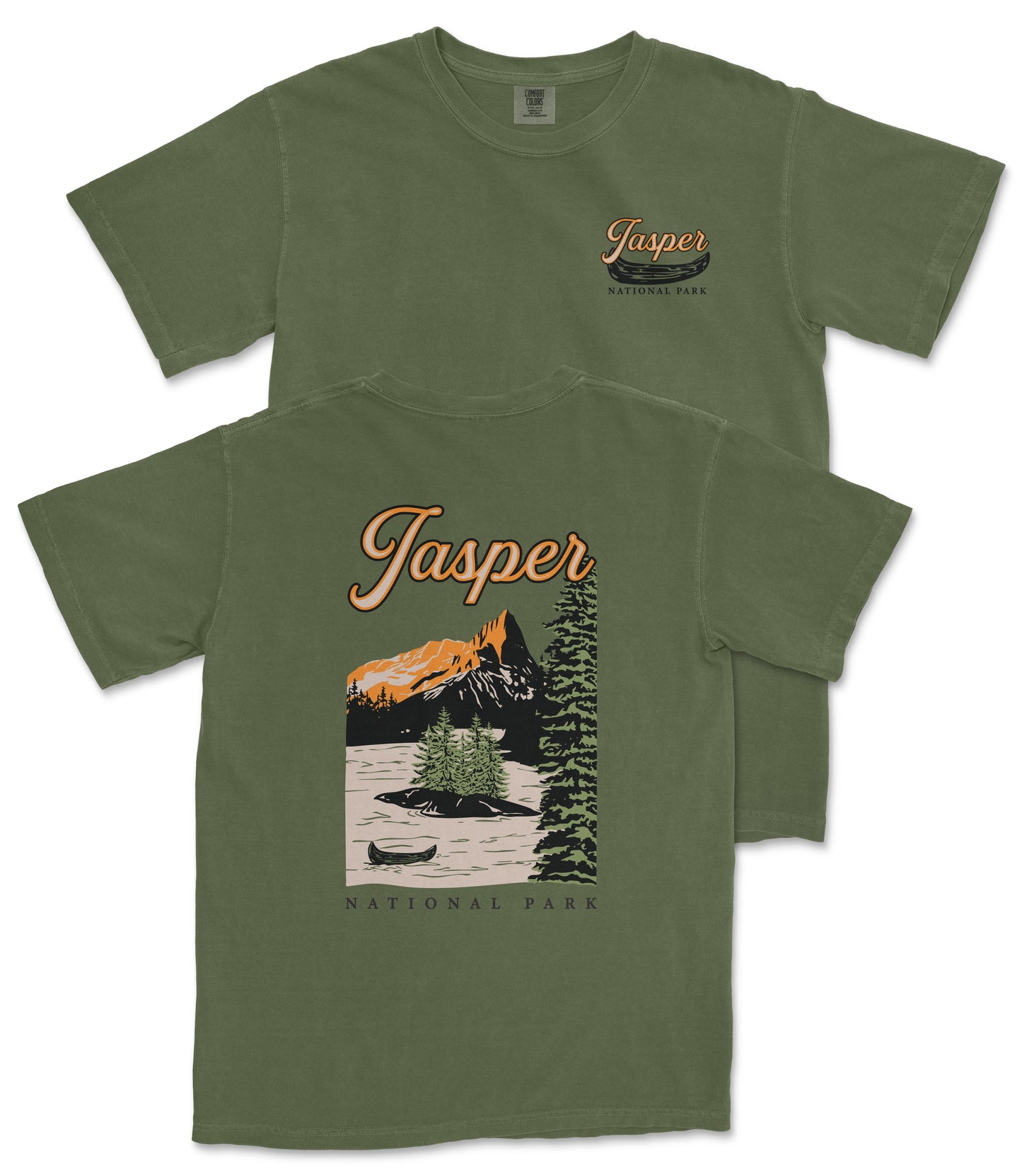 A green t-shirt with a graphic design depicting a mountain landscape, a canoe, and the text "Jasper National Park" printed on it.