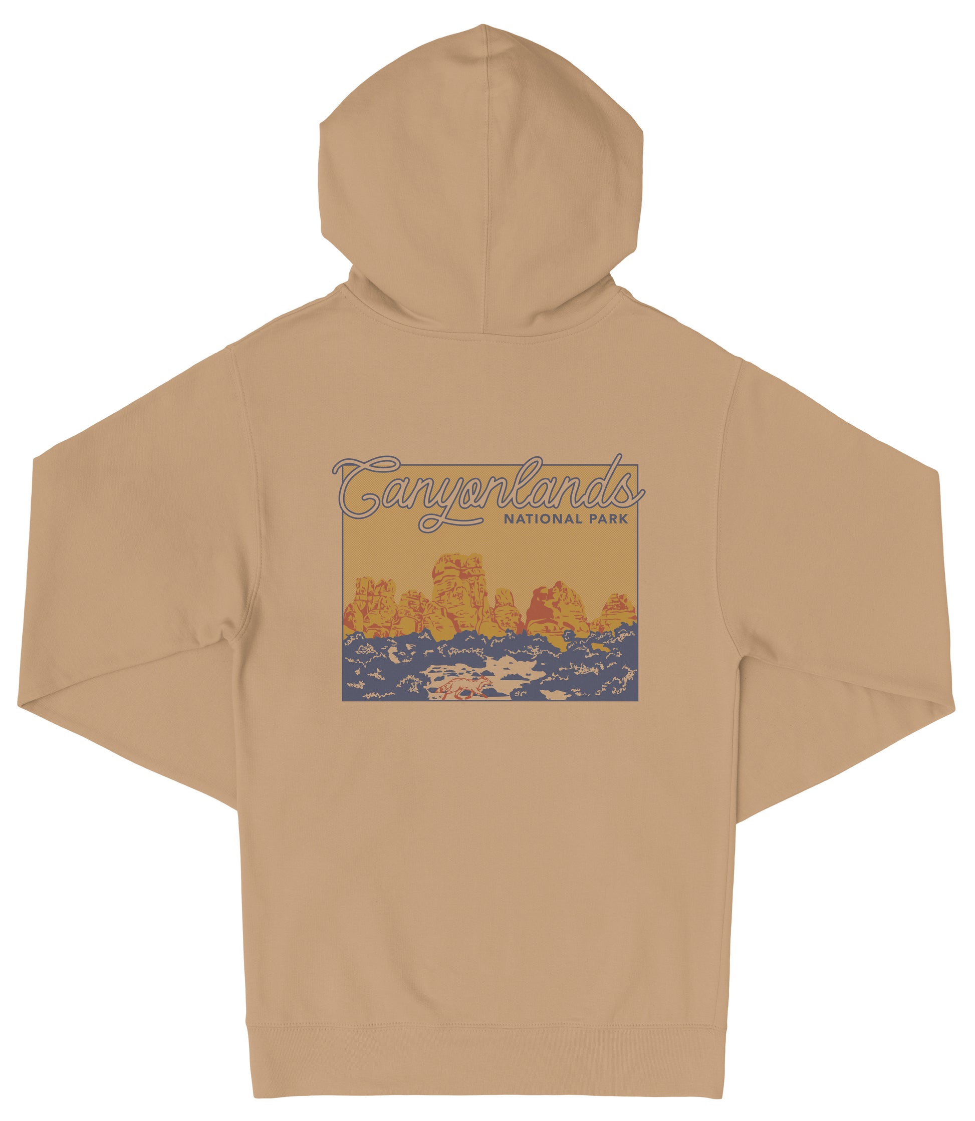 A beige hooded sweatshirt with a graphic design depicting a scenic landscape with mountains and water.
