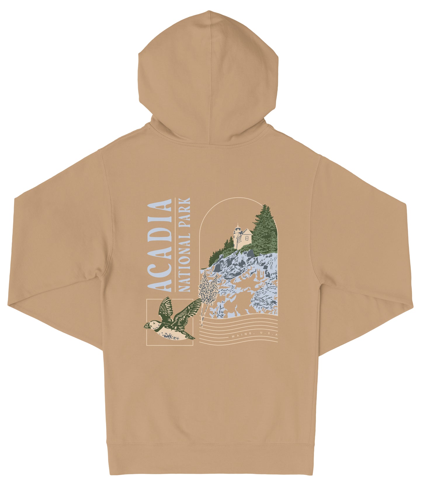 A beige hooded sweatshirt with a graphic design depicting a scenic landscape, including a mountain, trees, and a bird.