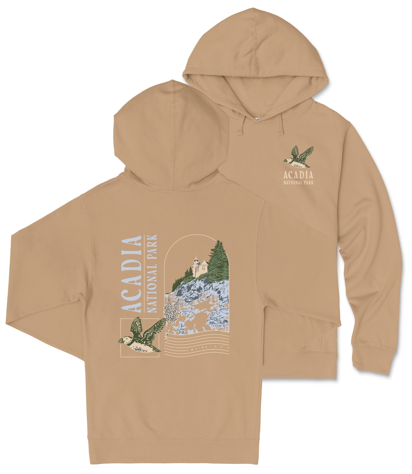A beige hoodie with a graphic design depicting a bird and a landscape, along with the text "ACADIA NATIONAL PARK" printed on it.