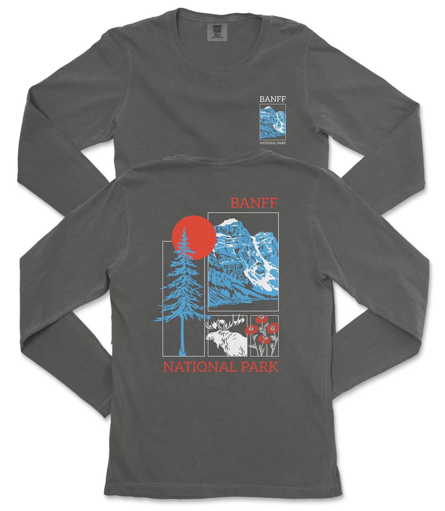 a gray long-sleeved t-shirt with a graphic design depicting a mountain range, a tree, and a sun. The design includes the text "BANFF NATIONAL PARK" and "BANFF" in the top left corner, and "BANFF" in the top right corner.