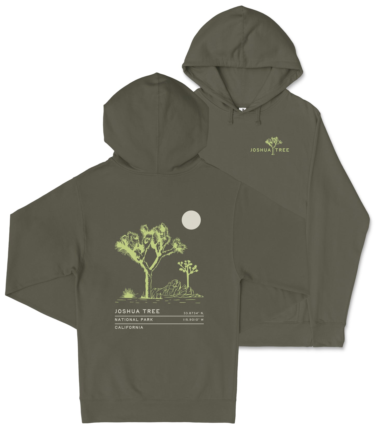 a dark green hoodie with a graphic design depicting a desert scene, including a tree and a moon. The hoodie has text on the back that reads "JOSUA TREE" and "3437 W. N. CALIFORNIA".