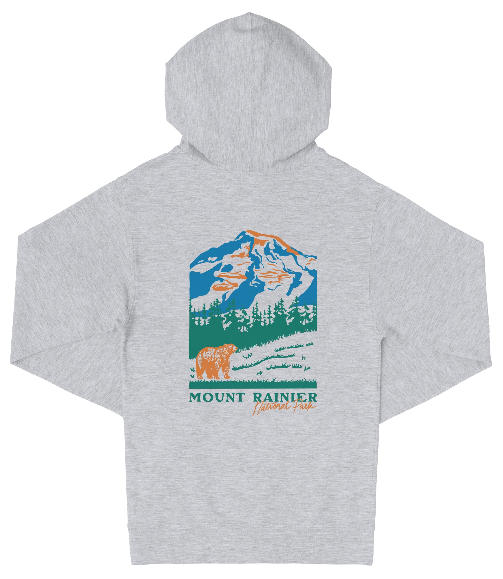 A gray hooded sweatshirt with a graphic design depicting a mountain landscape with a bear in the foreground.