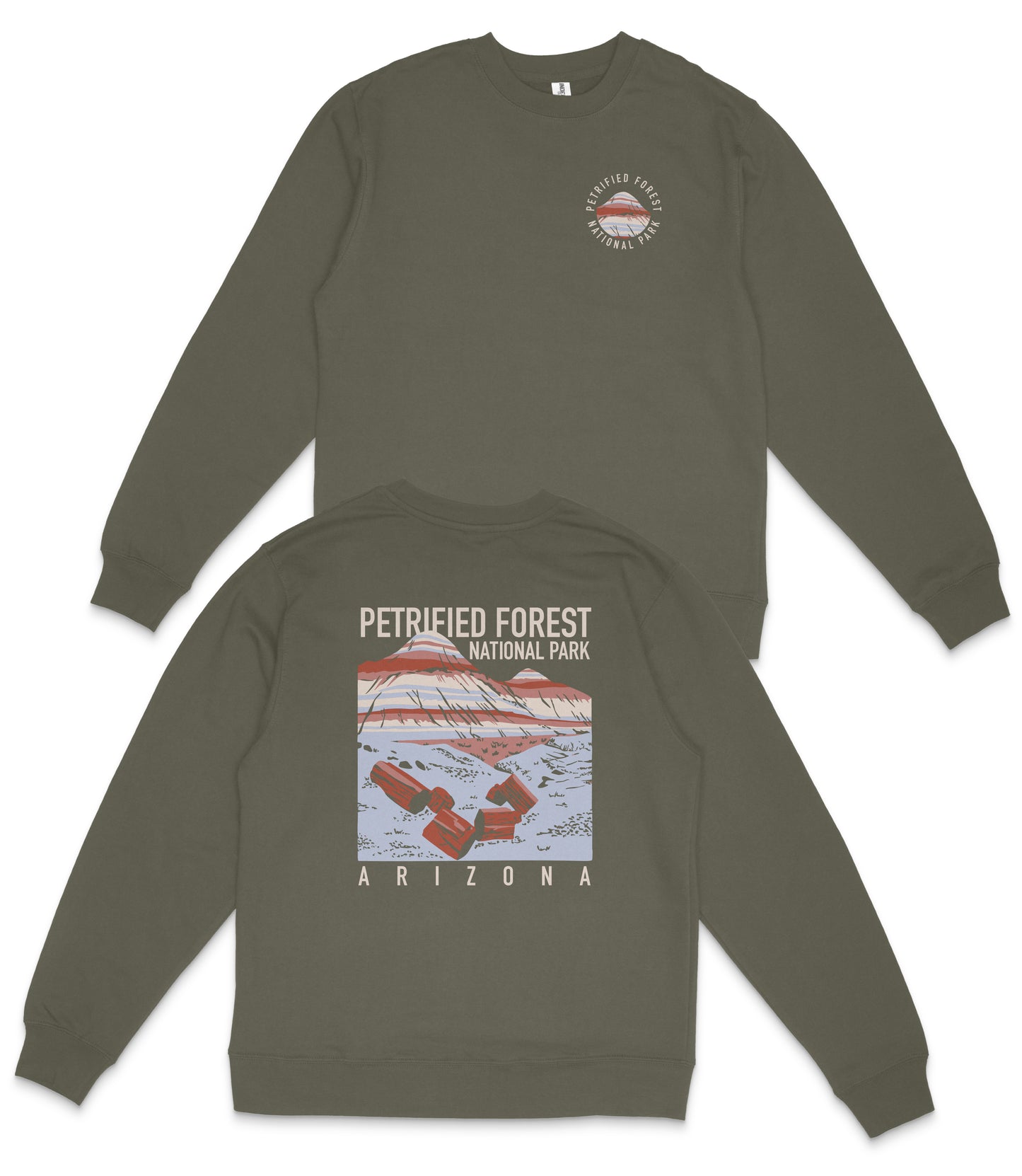 a grey sweatshirt with a graphic design on the back, depicting a scenic view of the Petriified Forest National Park in Arizona.