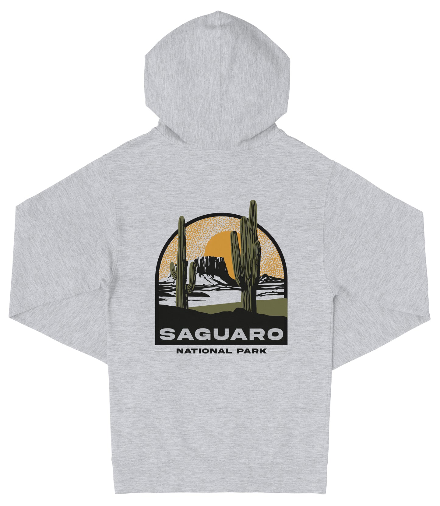 A gray hooded sweatshirt with a graphic design depicting a desert landscape with cacti and mountains, along with the text "Saguaro National Park".