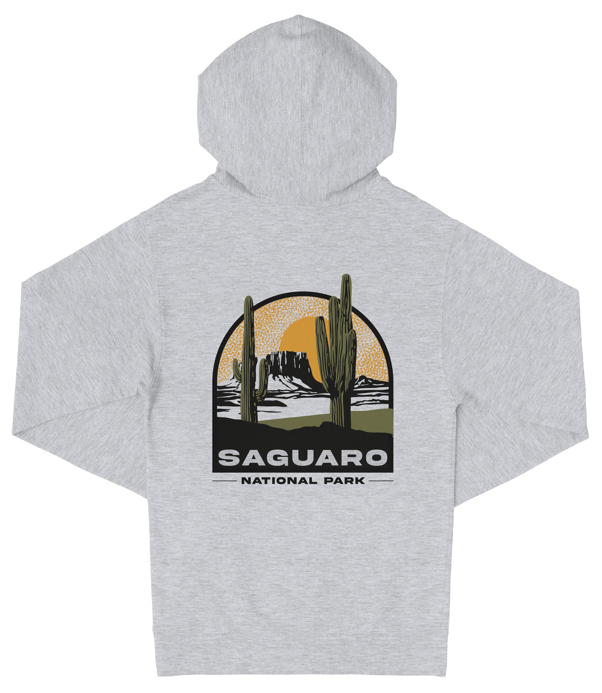 A gray hooded sweatshirt with a graphic design depicting a desert landscape with cacti and mountains, along with the text "Saguaro National Park".