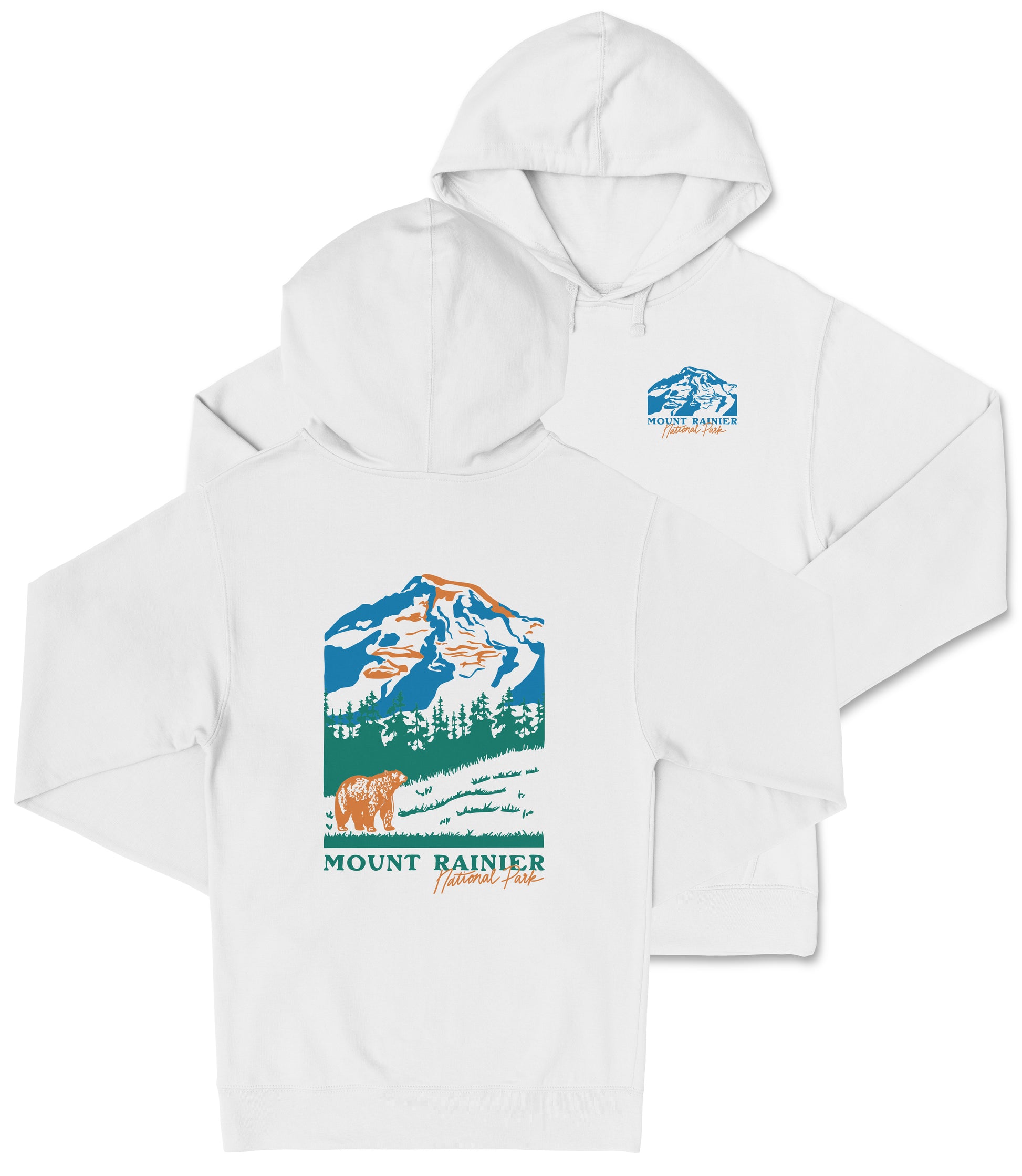 A white hooded sweatshirt with a graphic design depicting a mountain landscape and a bear.