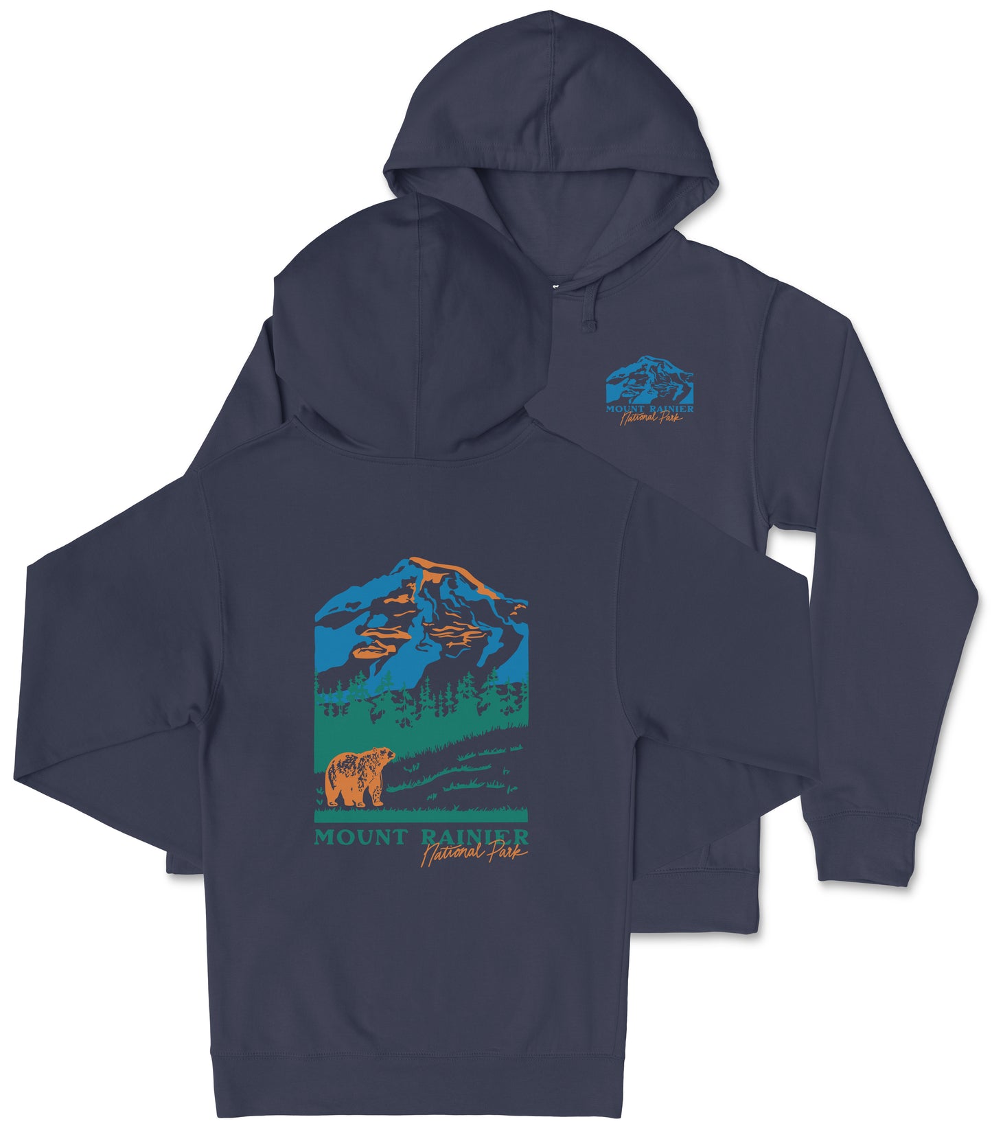 A navy blue hooded sweatshirt with a graphic design depicting a mountain range and a bear.