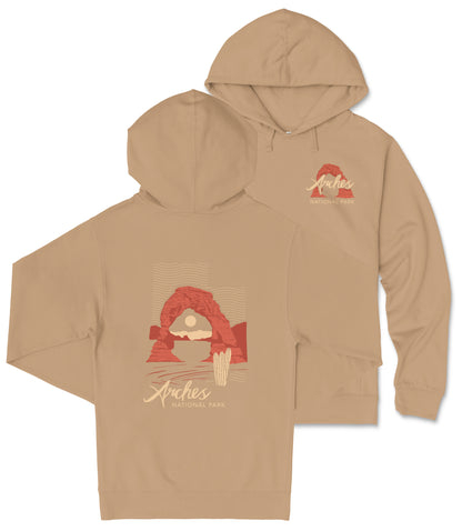 A beige hooded sweatshirt with a graphic design featuring a red rock formation and the text "Aches National Park" printed on it.
