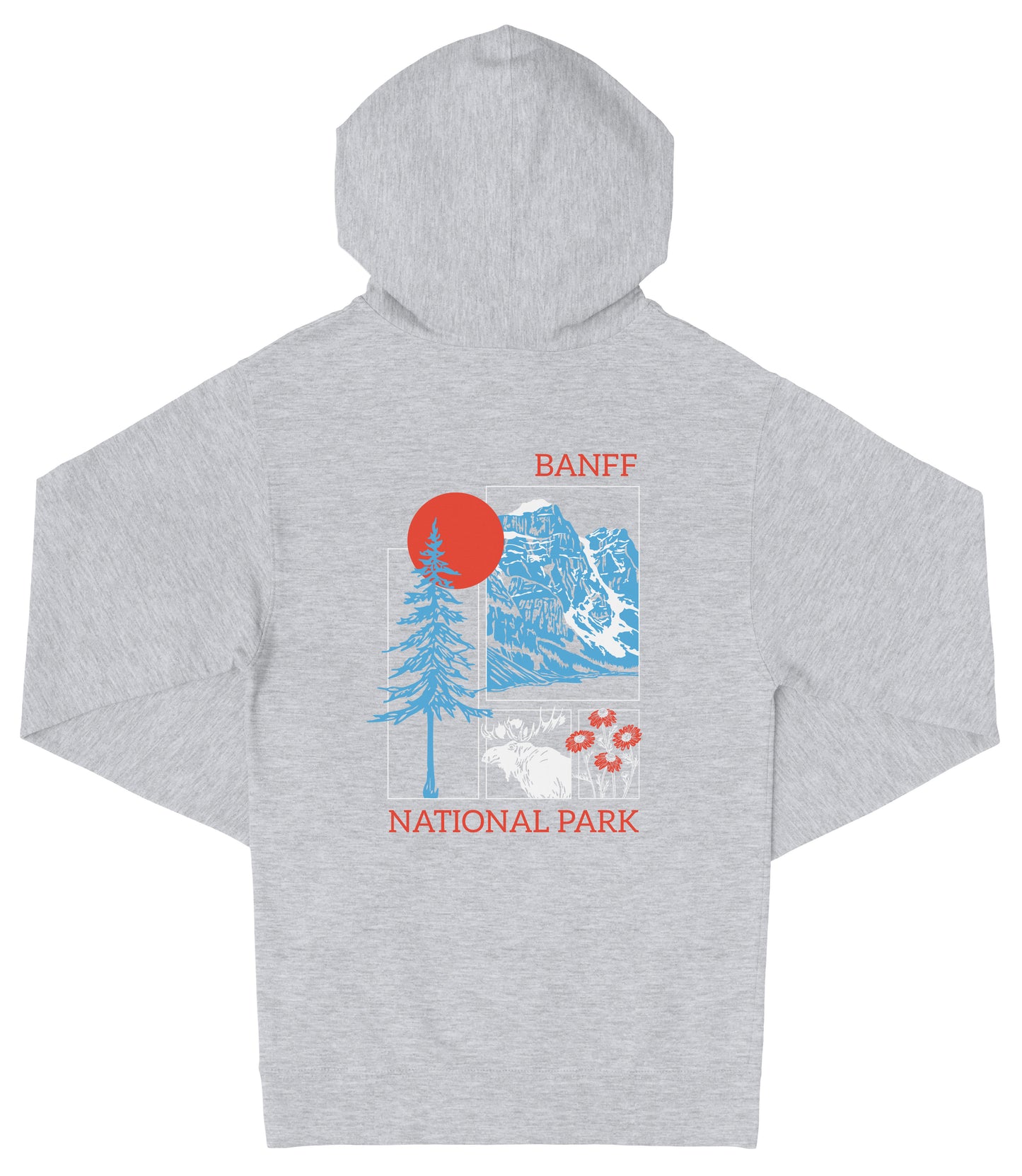A grey hooded sweatshirt with a graphic design featuring a mountain landscape, a tree, and a red sun.