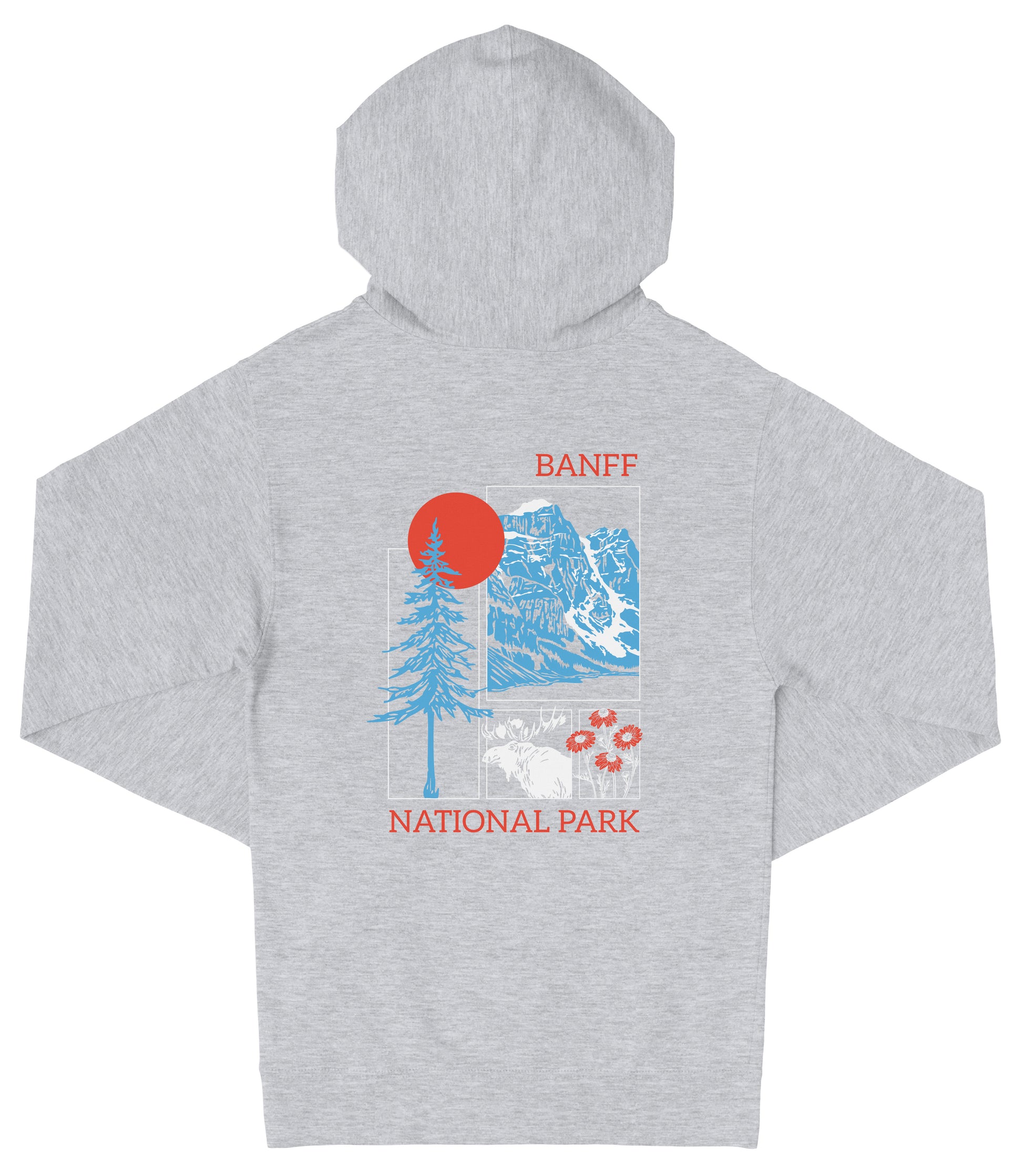 A grey hooded sweatshirt with a graphic design featuring a mountain landscape, a tree, and a red sun.