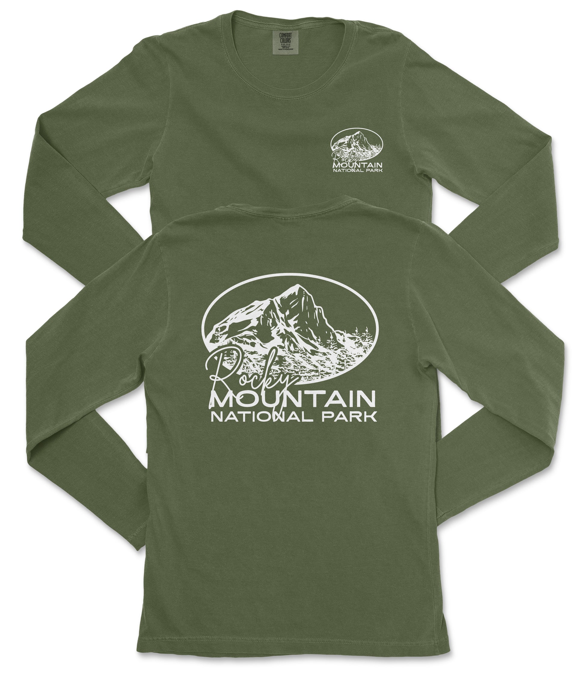 A green long-sleeved t-shirt with white text and graphics printed on it, including a mountain and the text "Rocky Mountain National Park".