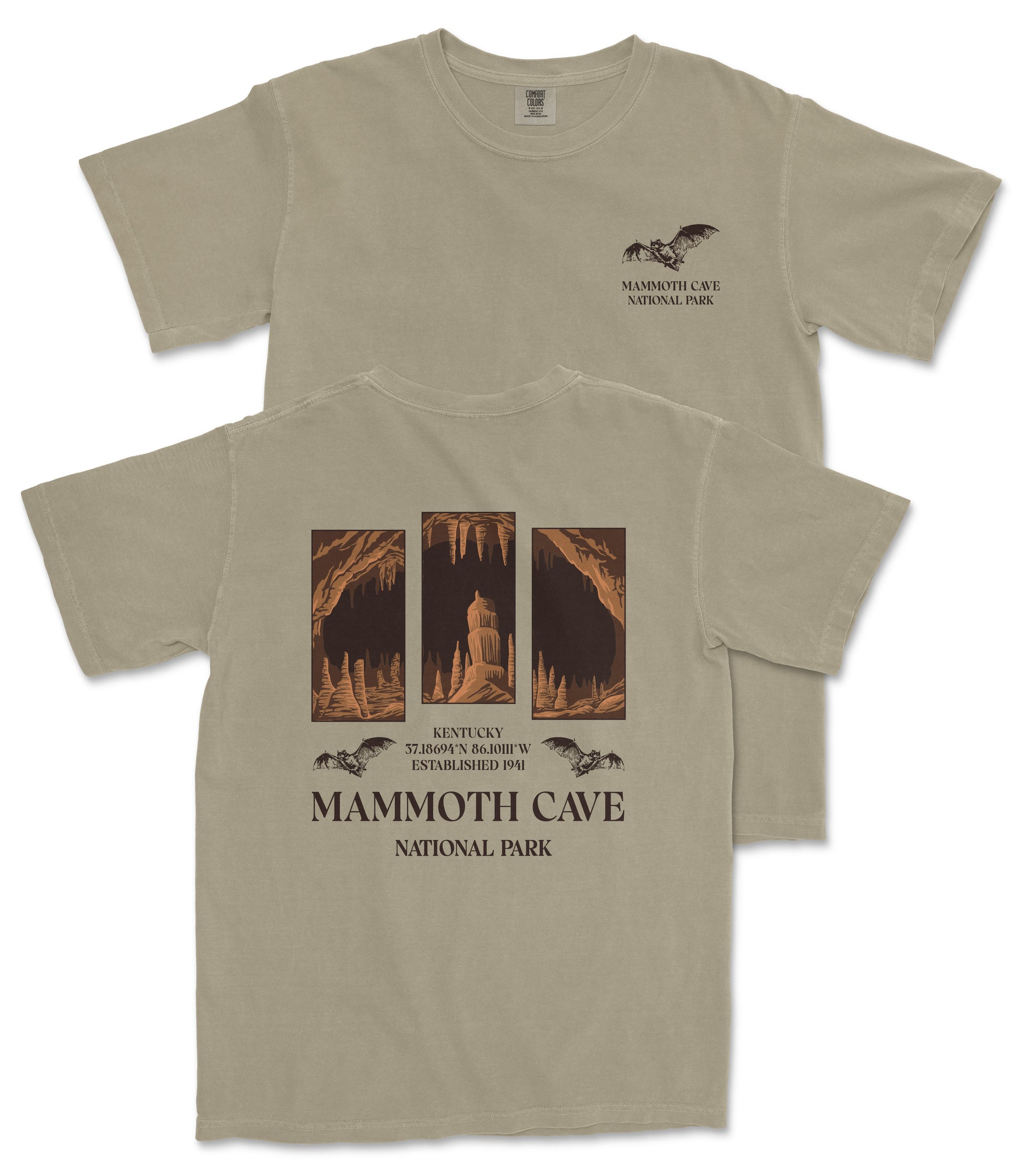 The image is a t-shirt design featuring a collage of images related to Mammoth Cave National Park, including cave formations and bats.