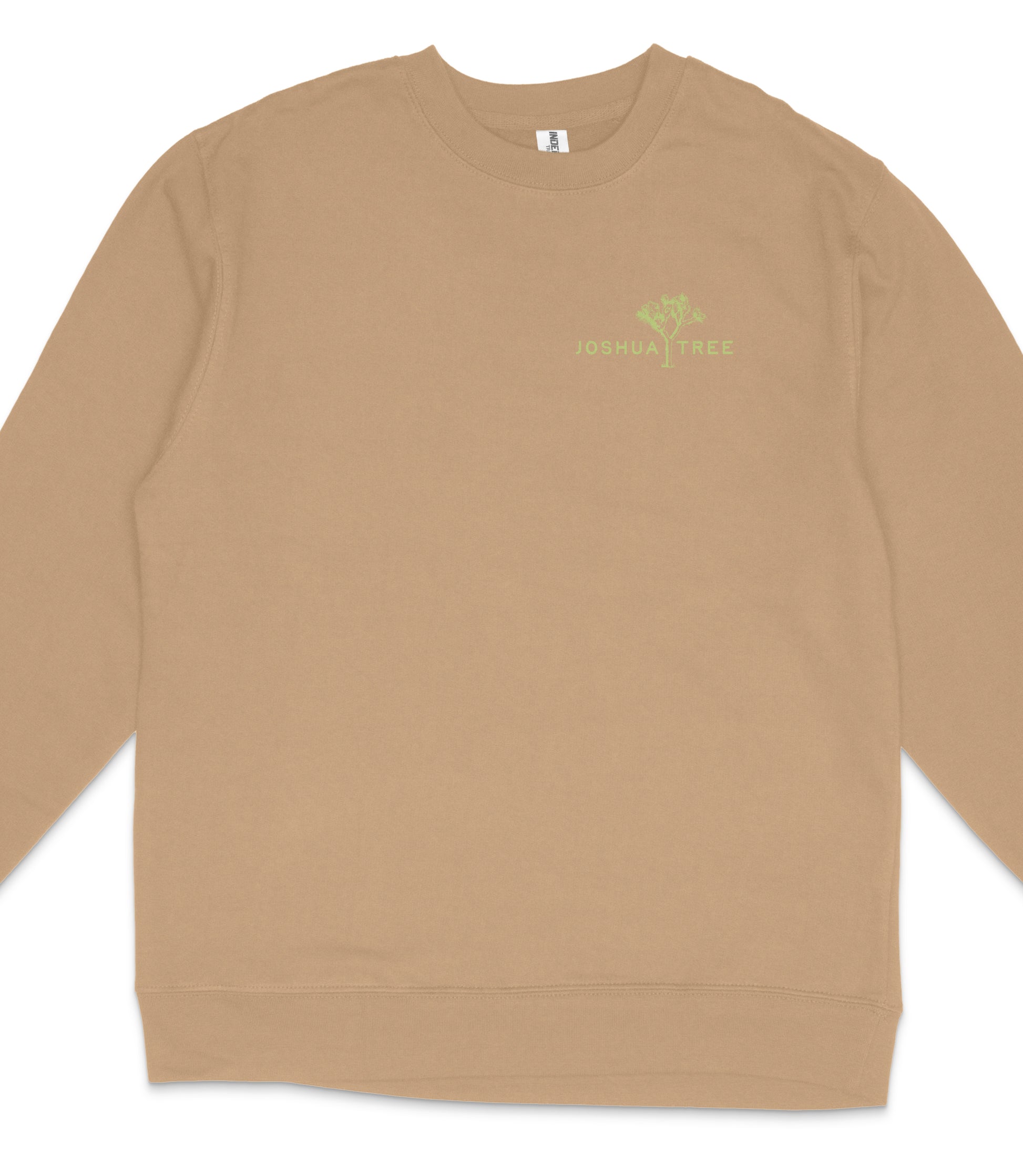 A beige long-sleeved shirt with a green tree logo on the left side.