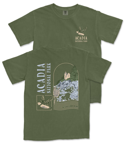 A green t-shirt with a graphic design depicting a scenic landscape with a castle, mountains, and a bird in flight. The text on the t-shirt reads "ACADIA NATIONAL PARK" and "MAINE, USA".