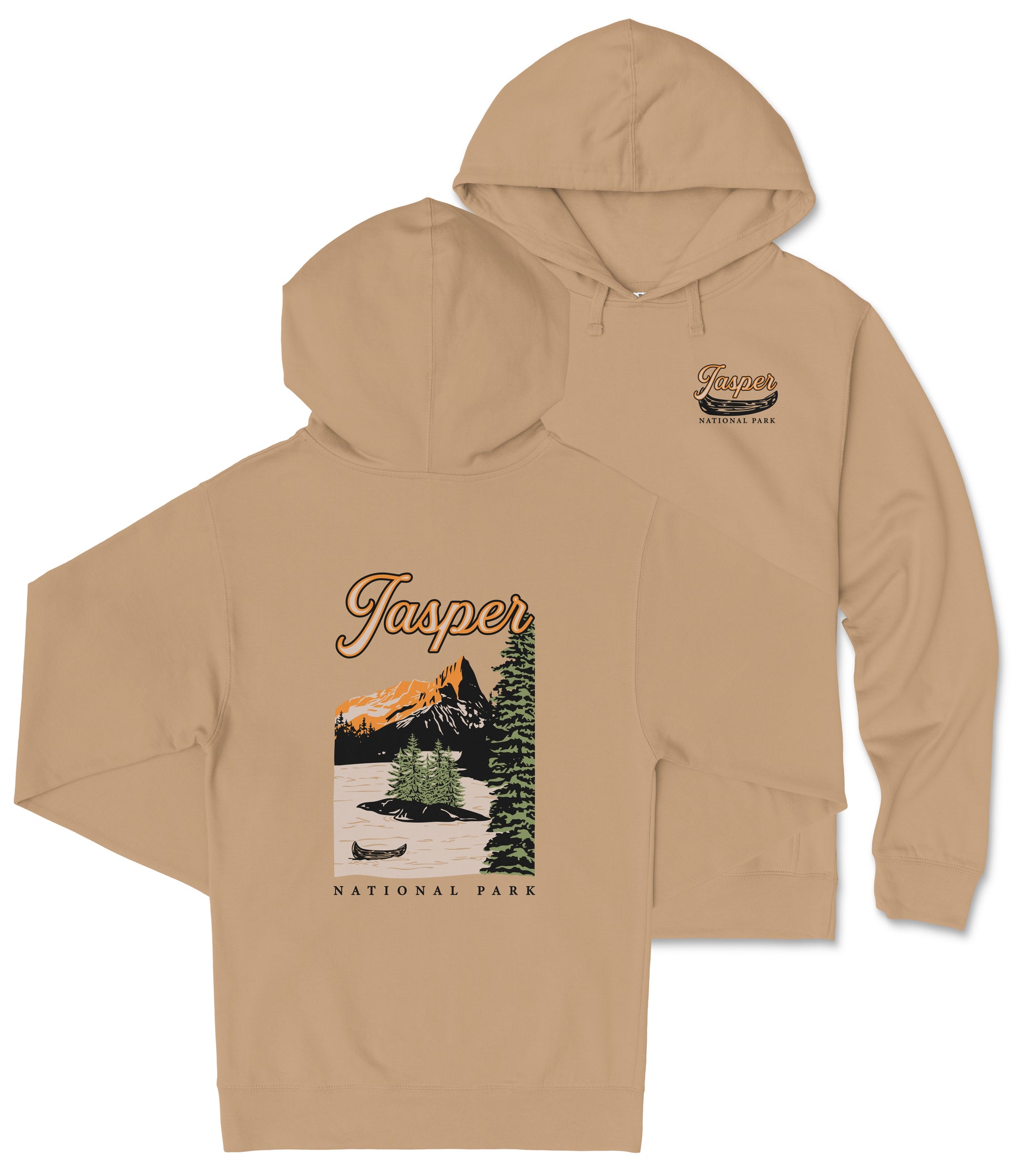 A beige hooded sweatshirt with a graphic design depicting a mountain landscape and a canoe on a lake, along with the text "Jasper National Park".