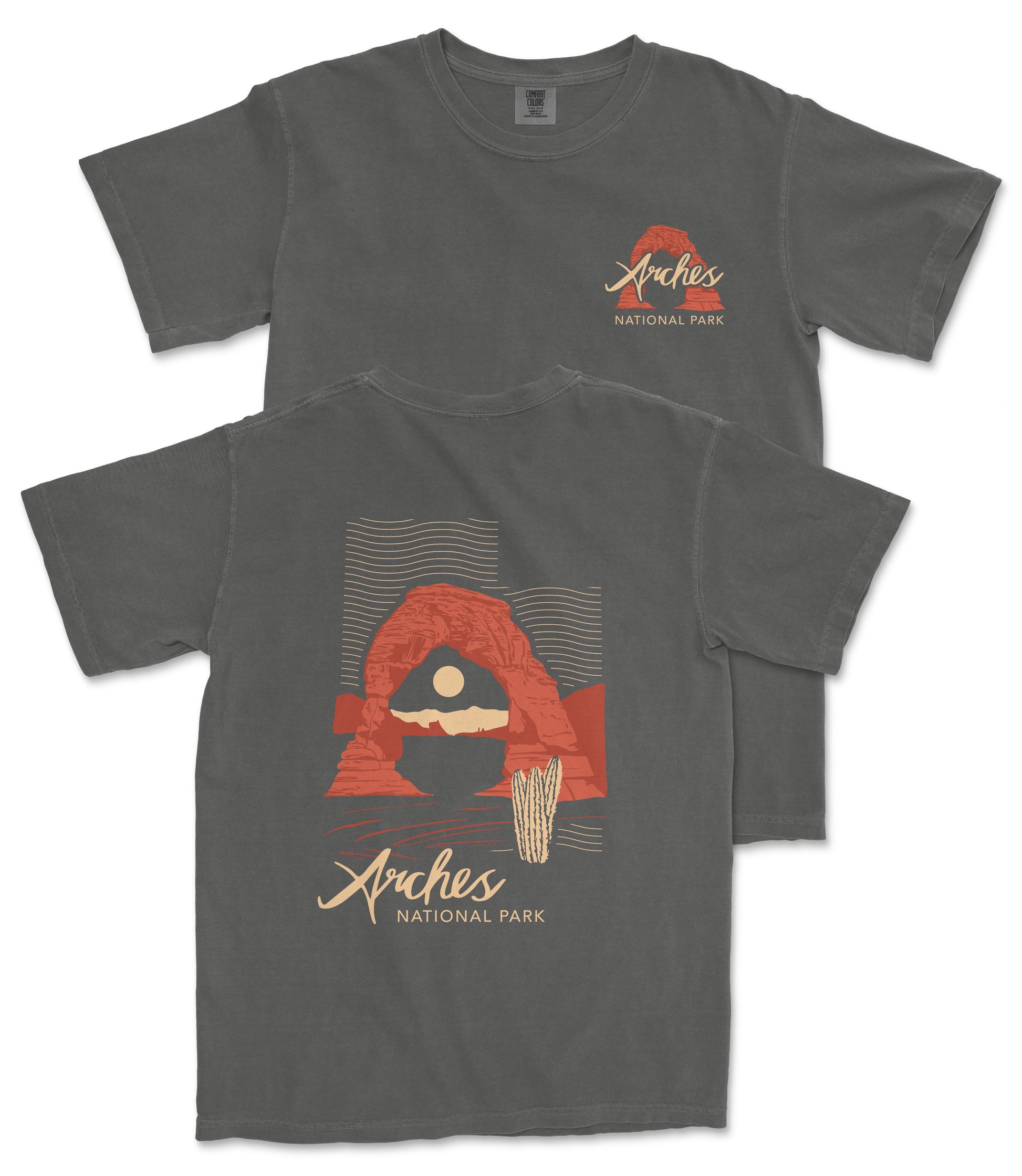 a gray t-shirt with a graphic design depicting a desert landscape with a red rock formation and a cactus. The text on the t-shirt reads "Arches National Park".
