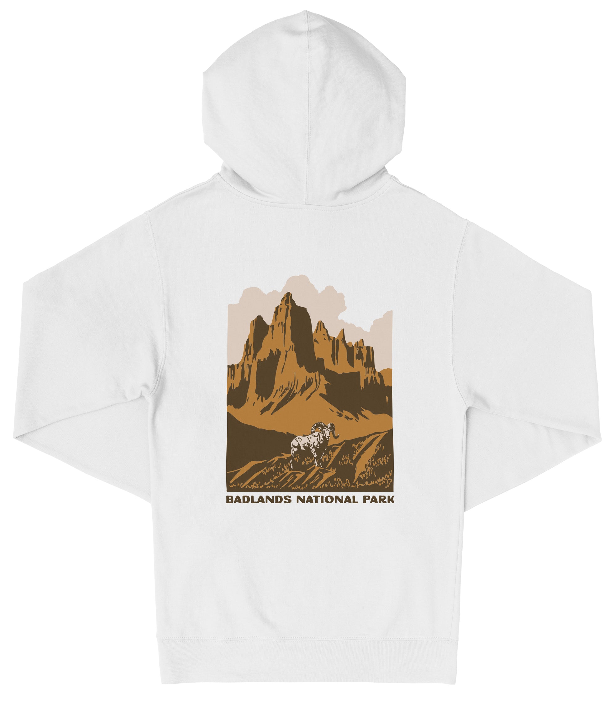 A white hooded sweatshirt with a graphic design depicting a mountain landscape and a lone animal, likely a horse or a zebra, in the foreground.