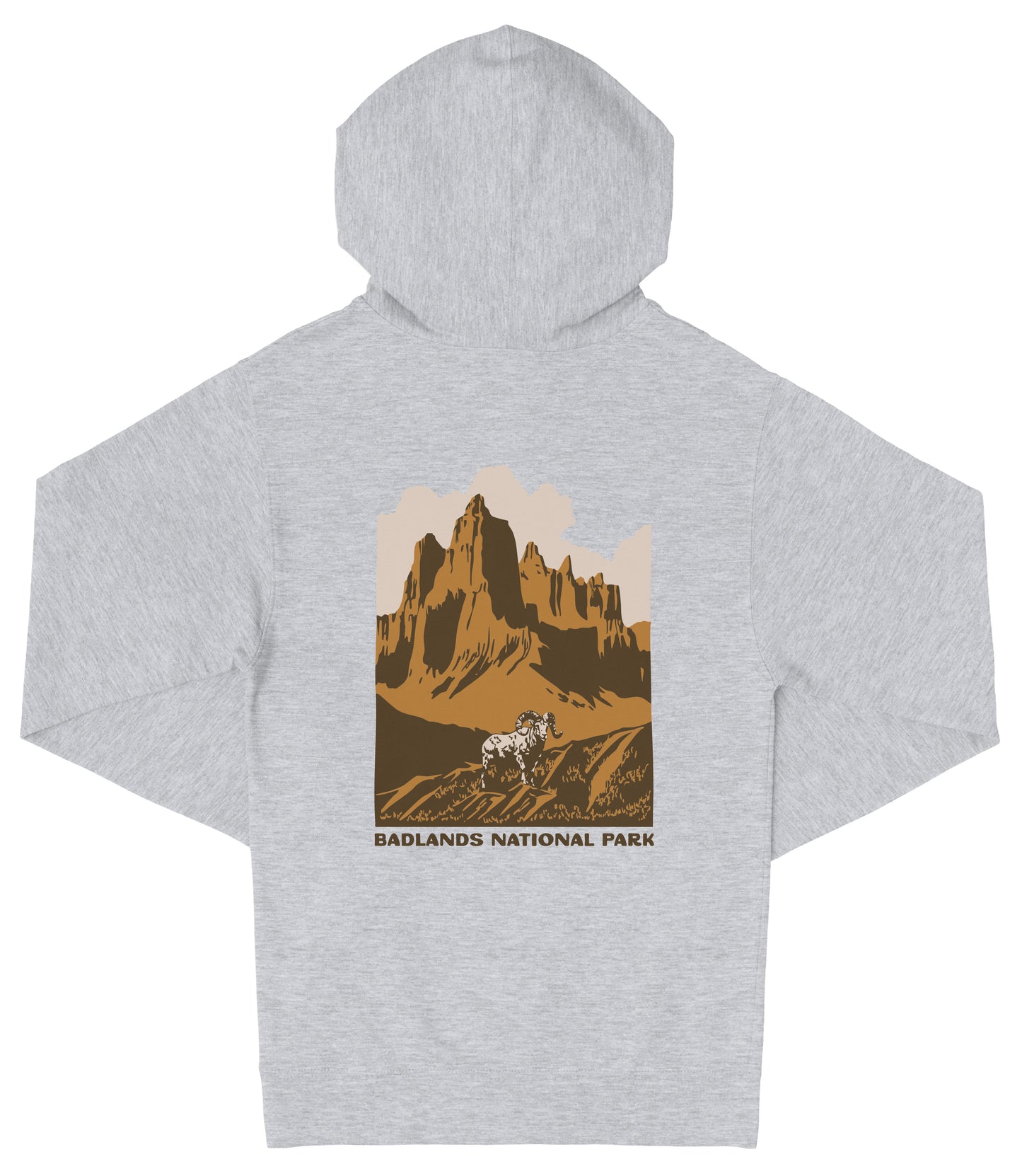 A gray hooded sweatshirt with a graphic design depicting a mountain landscape and a person riding a horse.