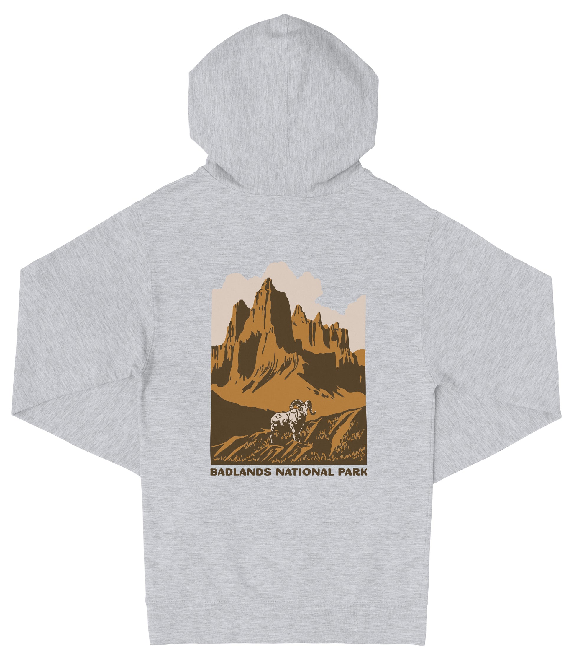A gray hooded sweatshirt with a graphic design depicting a mountain landscape and a person riding a horse.