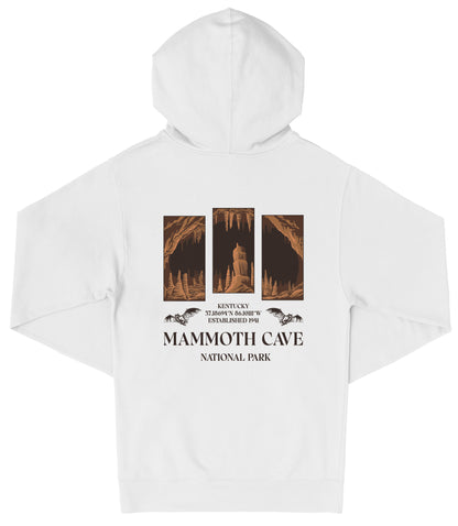 A white hooded sweatshirt with a graphic design featuring images of the Mammoth Cave National Park in Kentucky.