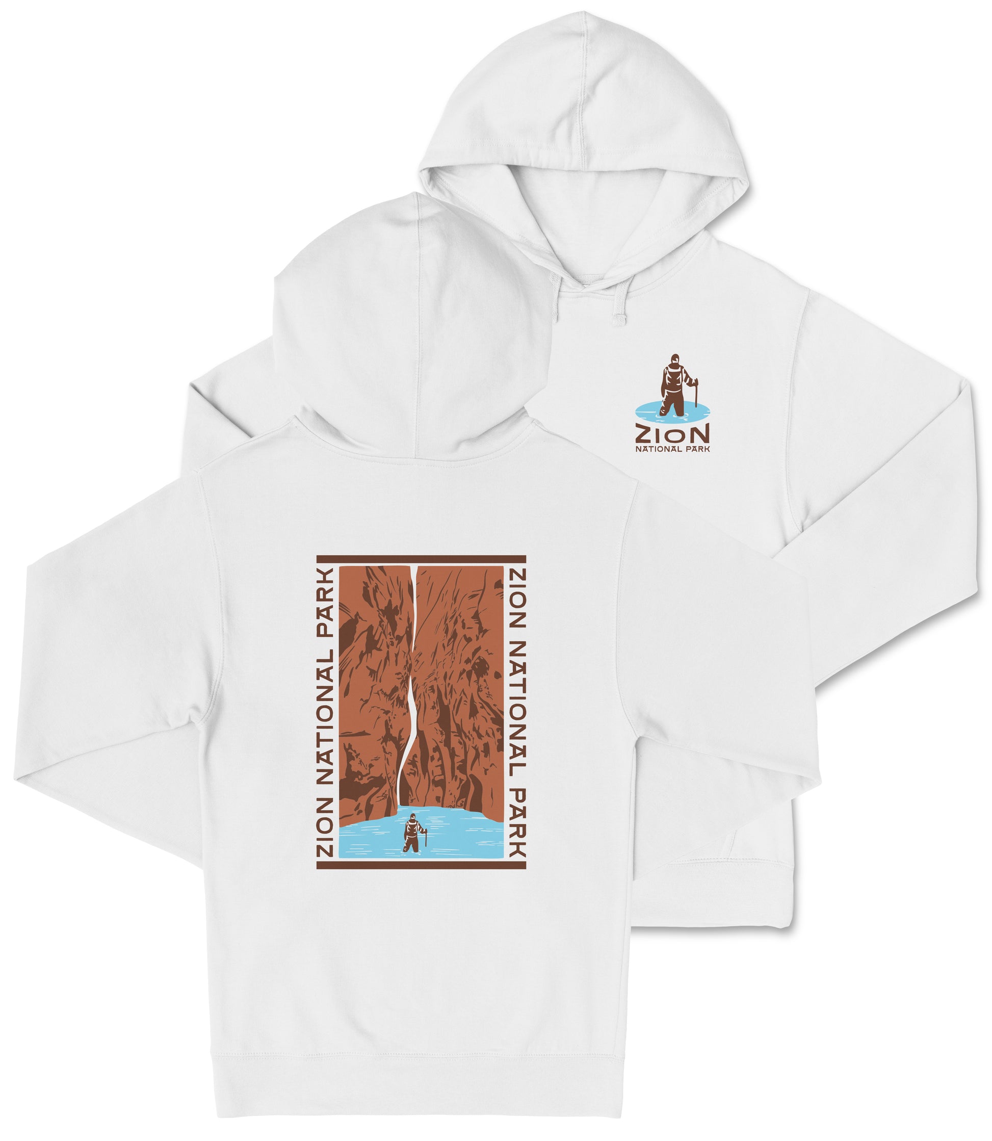 A white hooded sweatshirt with a graphic design depicting a person standing in front of a canyon or rock formation.