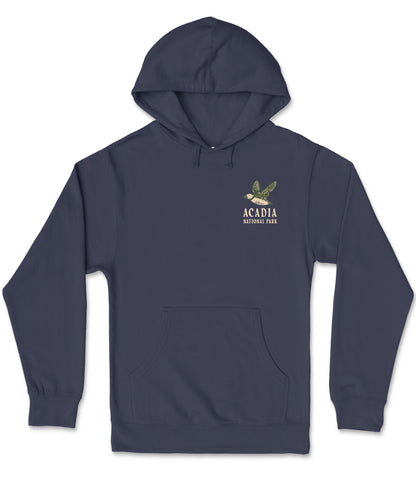 A navy blue hooded sweatshirt with the text "ACADIA NATIONAL PARK" printed on the front.