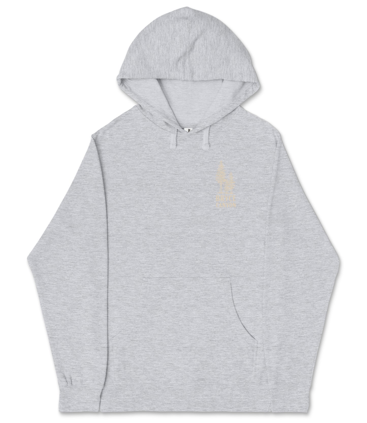 A gray hooded sweatshirt with a small logo on the left side.